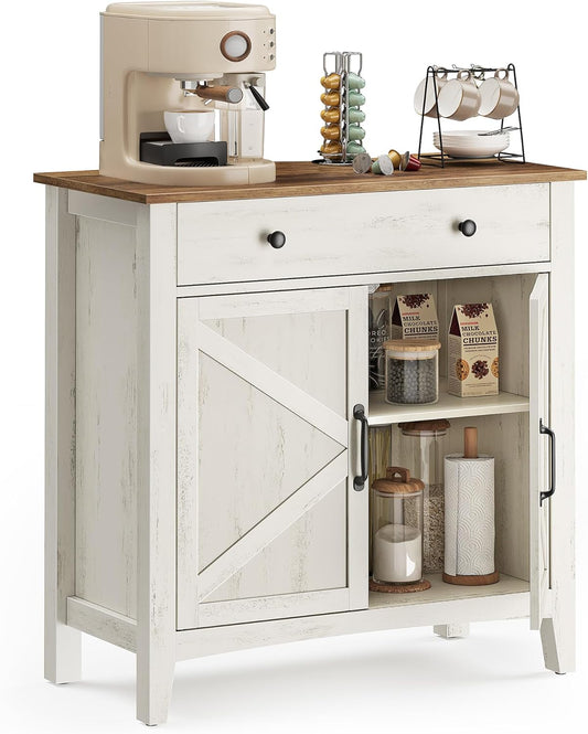 VASAGLE LIRY Collection - Buffet Cabinet, Coffee Bar Cabinet with a Drawer, Adjustable Shelf, Sideboard Storage with Cable Hole, Drawer Divider, Rustic White and Honey Brown UBBK341W01
