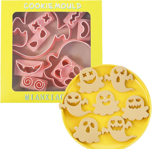 10Pcs Halloween Cookie Cutters, 3D Cookie Cutter with Plunger Stamp, Ghost Biscuit Cutters Cake Baking Fondant Embosser Stamps Halloween Party DIY Cake Decorating Tools(L10)