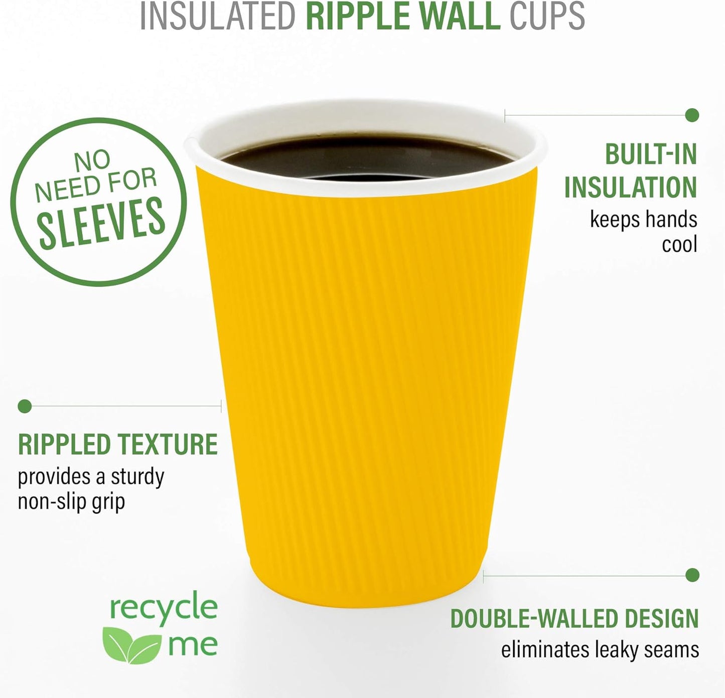 Restaurantware-4 Ounce Paper Coffee Cups, 25 Ripple Wall Disposable Paper Cups - Leakproof, Recyclable, Yellow Paper Hot Cups, Insulated, Matching Lids Sold Separately