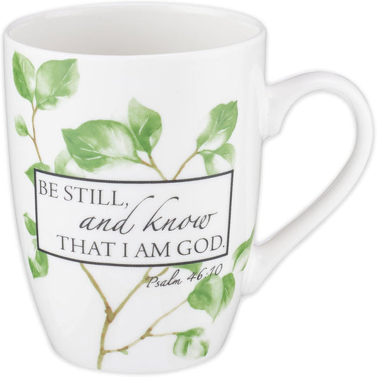 Christian Art Gifts Encouraging Scripture Ceramic Coffee & Tea Mug for Women: Be Still & Know Bible Verse Psalm, Inspirational Microwave/Dishwasher Safe Drinkware, White & Green Leaf Branches, 12 oz.