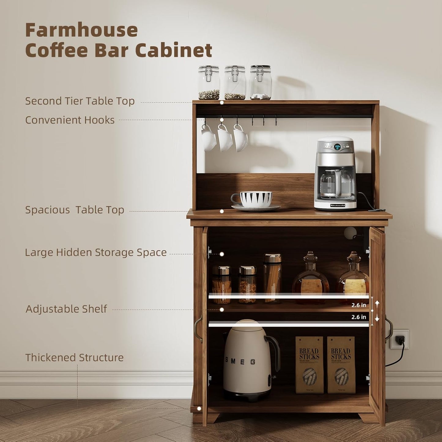 Farmhouse Coffee Bar Cabinet with Storage,31.5" Kitchen Cabinet with Hooks and Charging Station,Coffee Station with Adjustable Shelf and Hutch,Sideboard for Living Dining Room