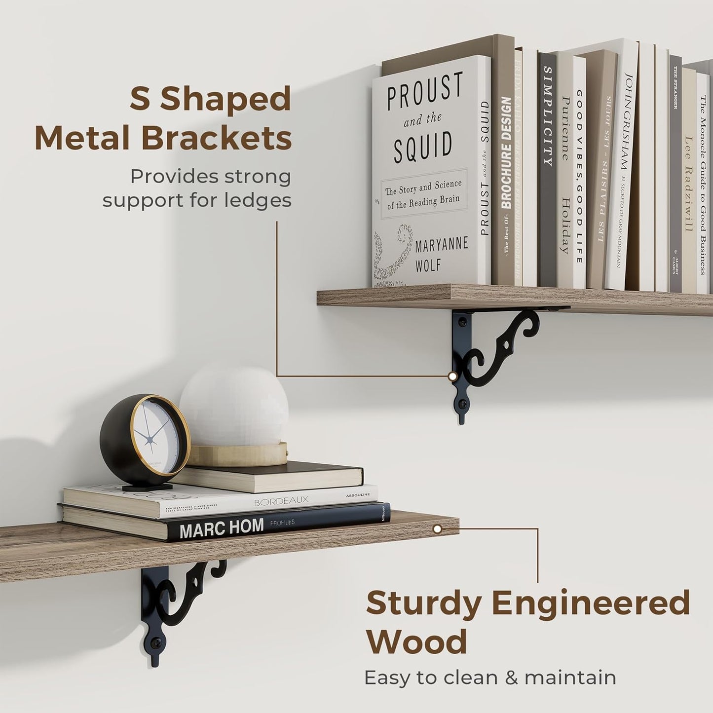 RICHFOCUS Floating Shelves for Wall Decor, 47.3W x 8D Shelves Set of 2, 8 Inch Deep Rustic Wood Shelves Wall Mounted with Brackets, Long Floating Shelves for Living Room Bedroom Kitchen, Grey