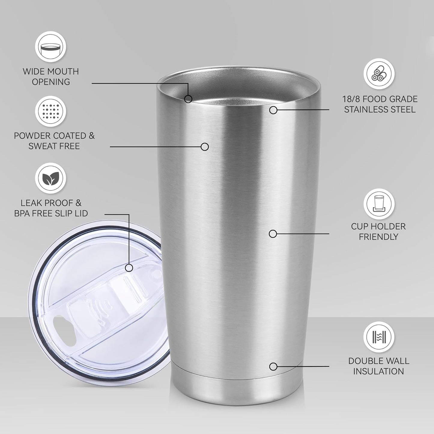 20 oz Tumbler Stainless Steel Tumblers Bulk with Lid Double Wall Insulated Coffee Tumbler Cups for Hot & Cold Drinks Powder Coated Travel Coffee Tumbler Mug Metal (Stainless Steel, 6 pack)