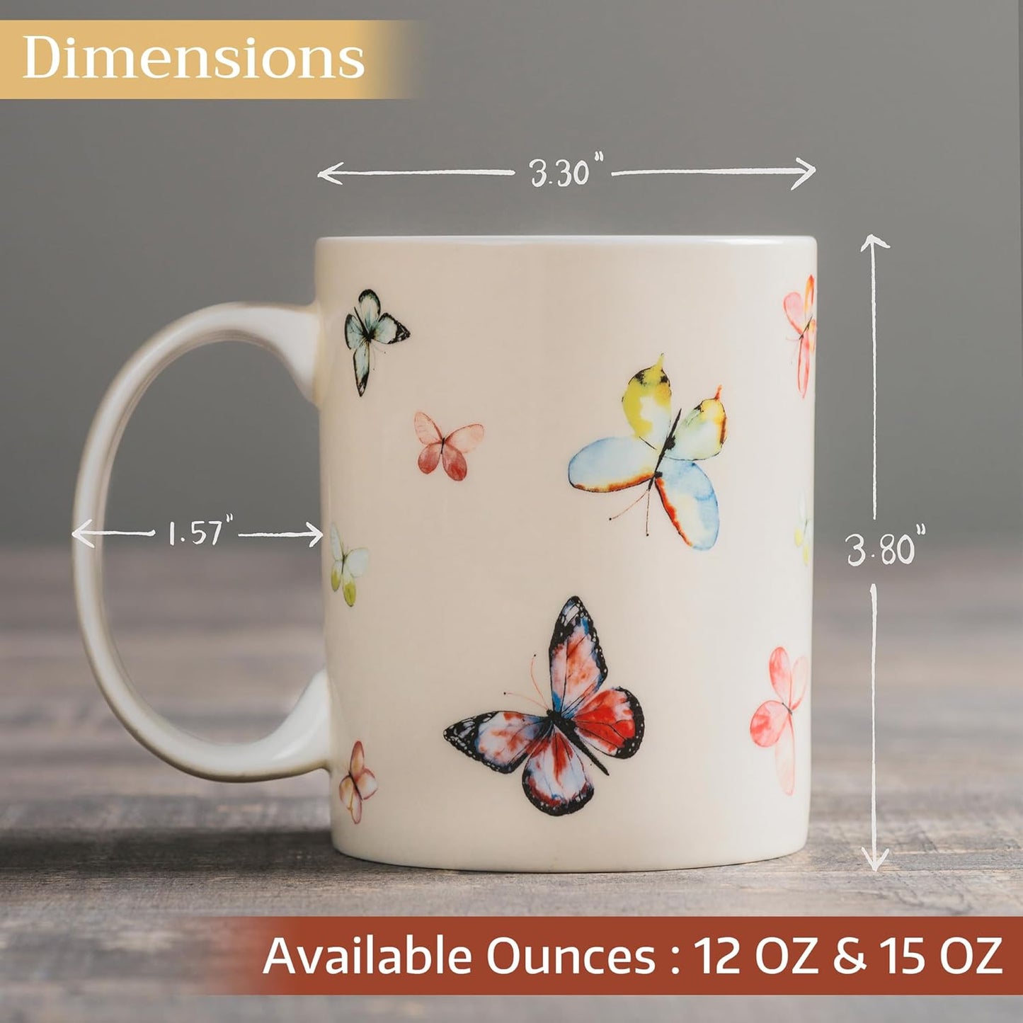 Maison d' Hermine Coffee Mug with Handles Fine Bone China Mugs Pack of One Tea Cups for Hot Beverages Cappuccino Latte Home Restaurant Office Perfect for Gift (Botanical Fresh - Butterflies, 15 Ounce)