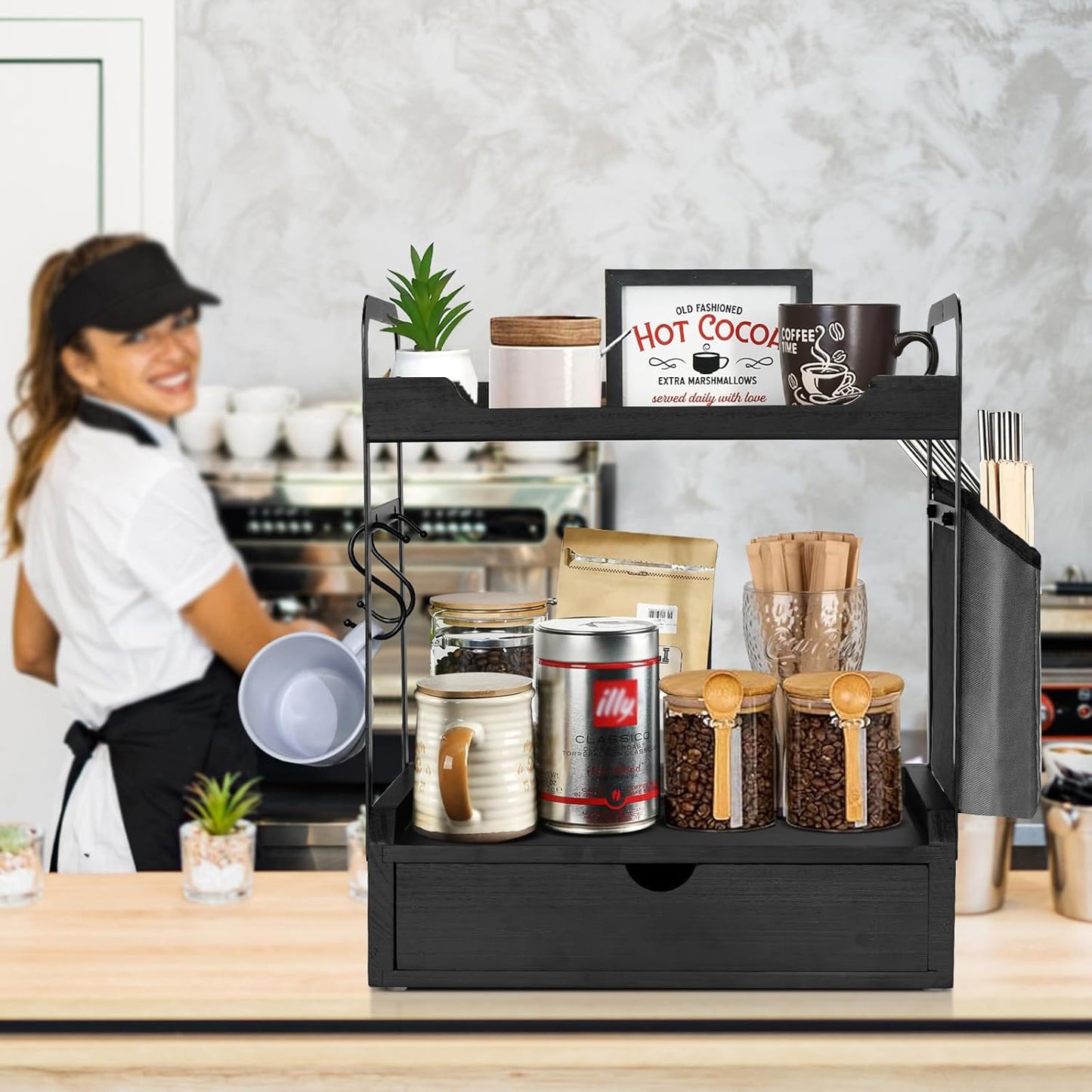 Wooden Coffee Bar Organizer - 2-Tier Station with Pod Holder, Syrup Snack Organizer, Bag & Hooks (Black)