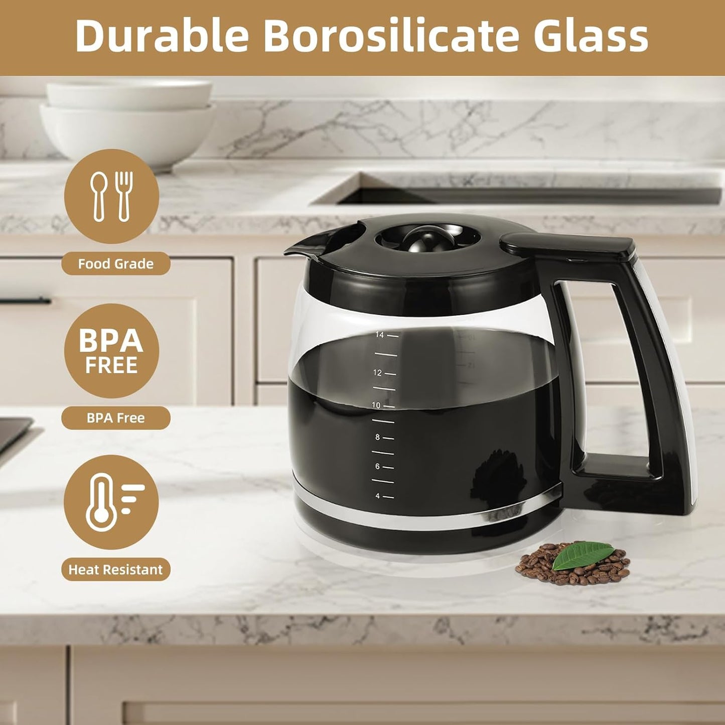 14-Cup Glass Coffee Carafe Replacement Compatible with Cuisinart Models DCC-3200P1, DCC- 3200, DCC-2200RC, Coffee Pot Replacement 14 Cup with Ergonomic Handle and Dripless Spout