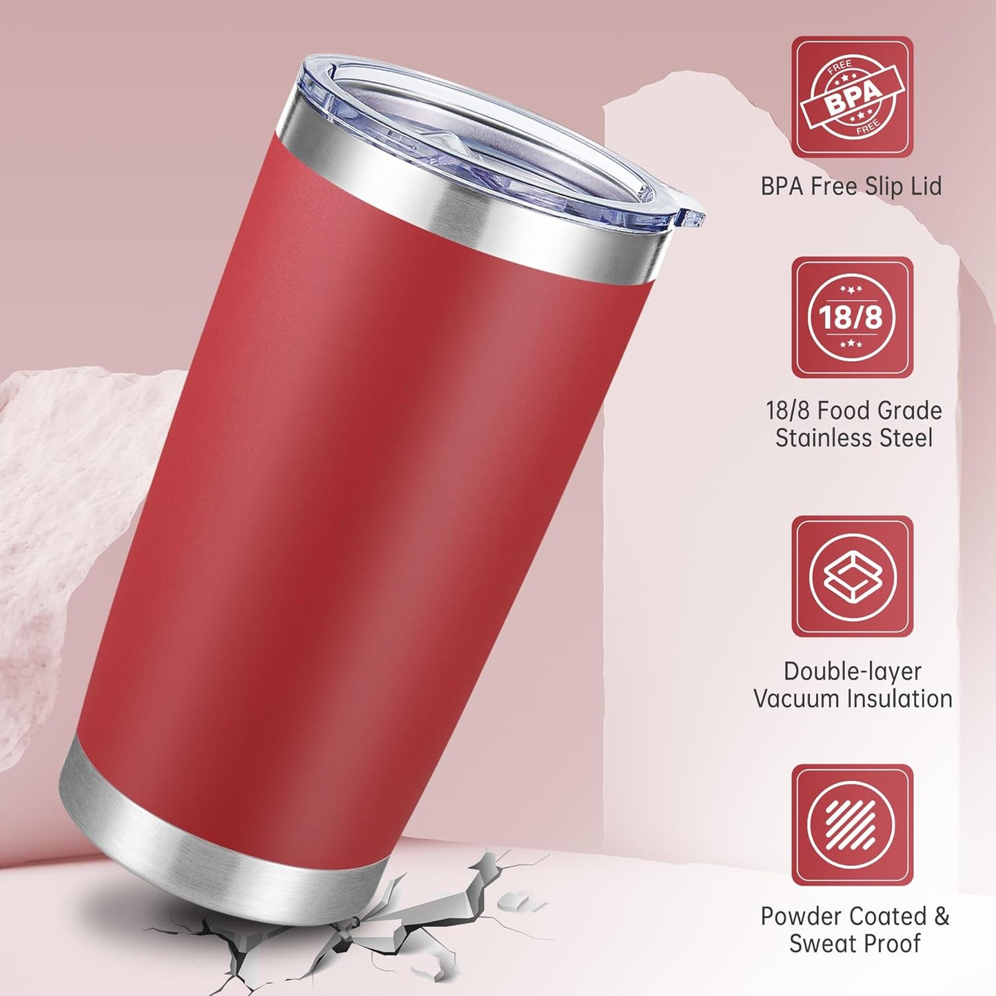 20 oz Tumbler Stainless Steel Tumblers with Lid Double Wall Vacuum Insulated Coffee Mug 20oz Powder Coated Cup for Hot and Cold Drinks, Red, 1 pack