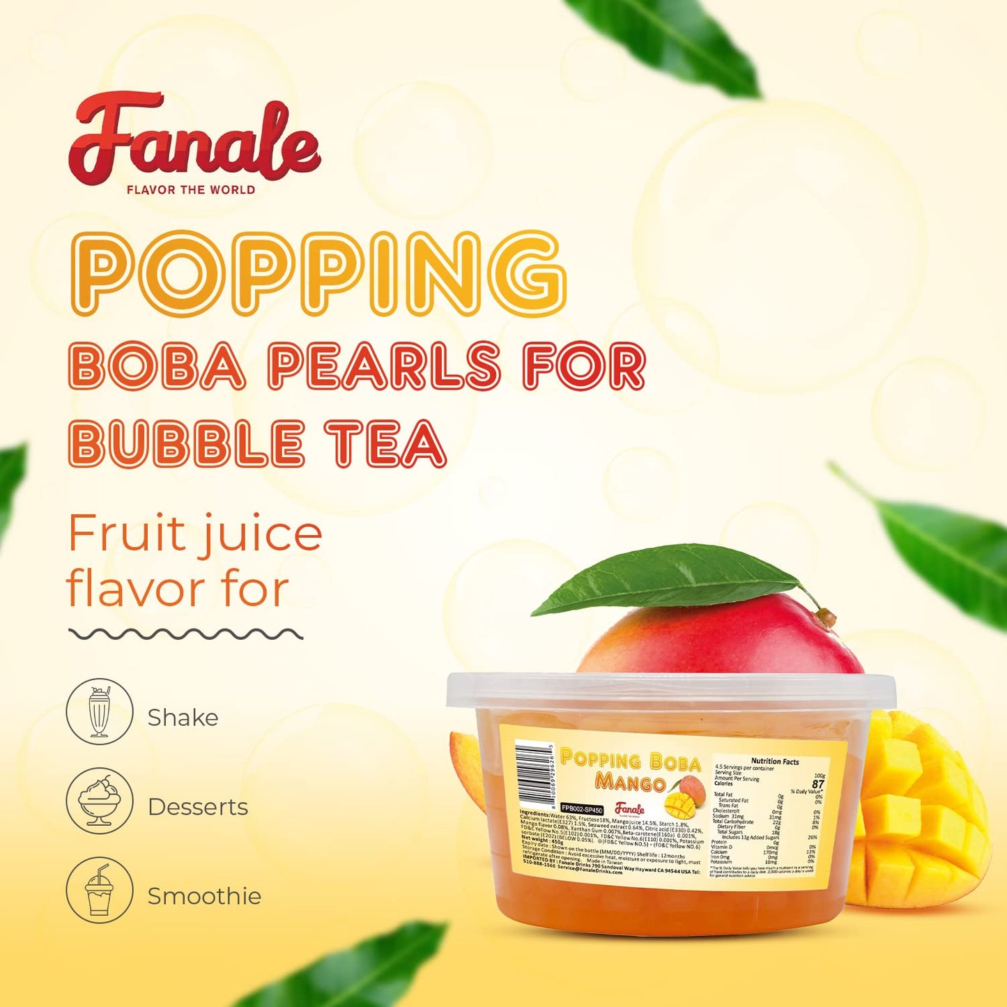 Fanale Popping Boba Pearls for Bubble Tea - 2 lb (1 lb X 2) | Mango | Bursting Boba Pearls Bubble 450g X 2 | Real Fruit Juice for Shakes, Dessert, Smoothie | FPB002-SP450 X 2