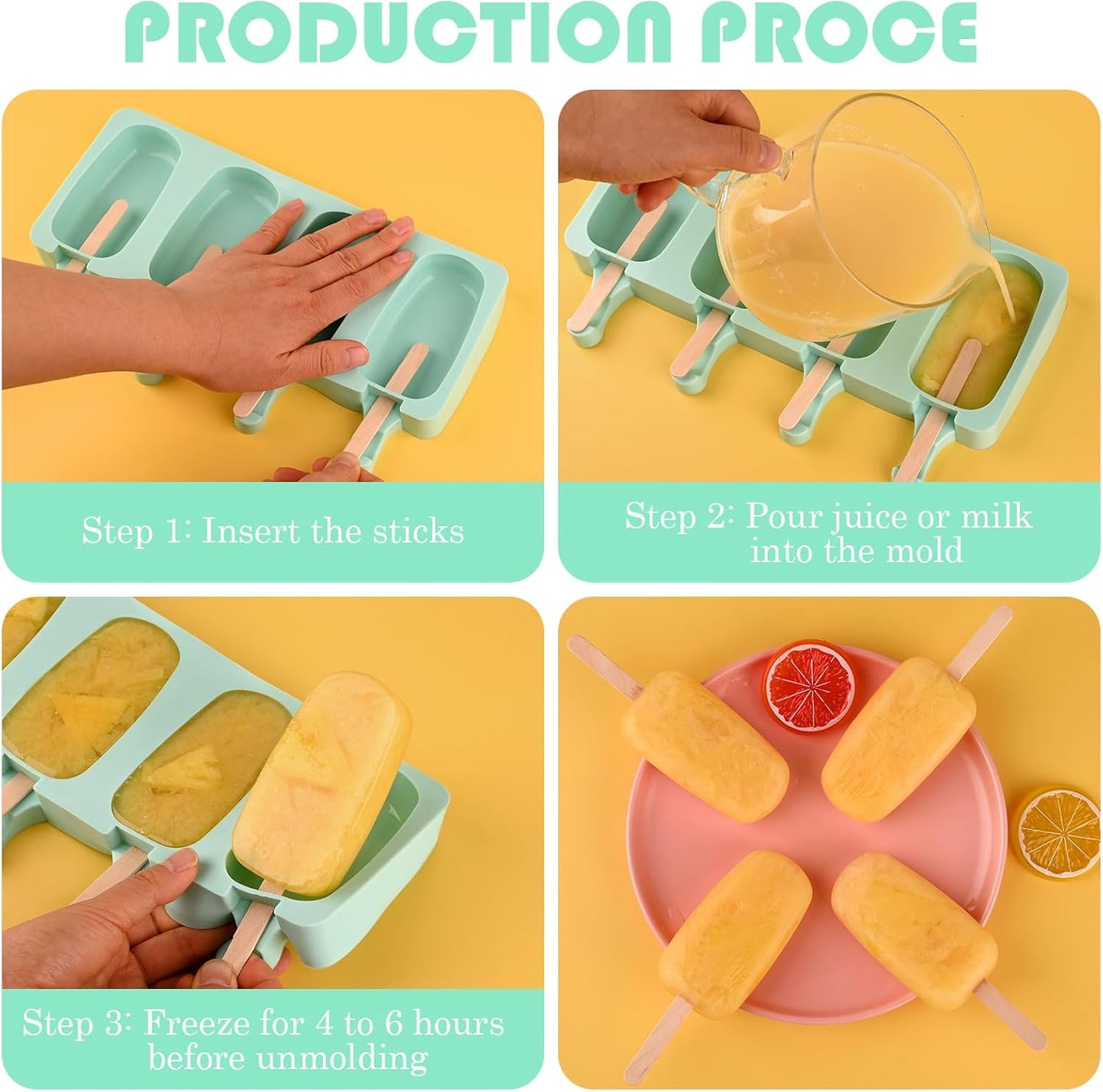 Sakolla Large Popsicle Silicone Molds Set, 3 Pcs 4 Cavities Oval Homemade Ice Cream Molds with 150 Wooden Sticks for Ice Pop, Cakesicles, Cake Pop (Green)