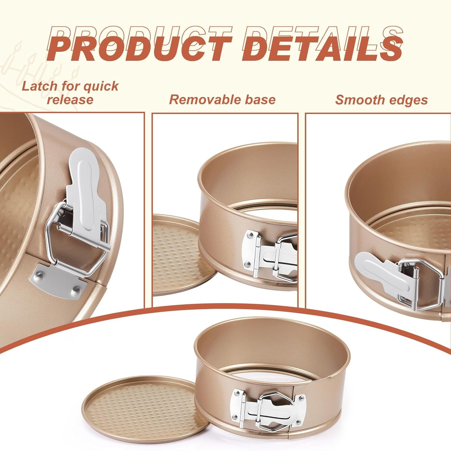 4 Pcs 6 Inch Non Stick Springform Pan with Removable Bottom Carbon Steel Round Springform Cheesecake Pan with Stainless Steel Spring Buckles for Baking Kitchens Restaurant(Champagne Gold)