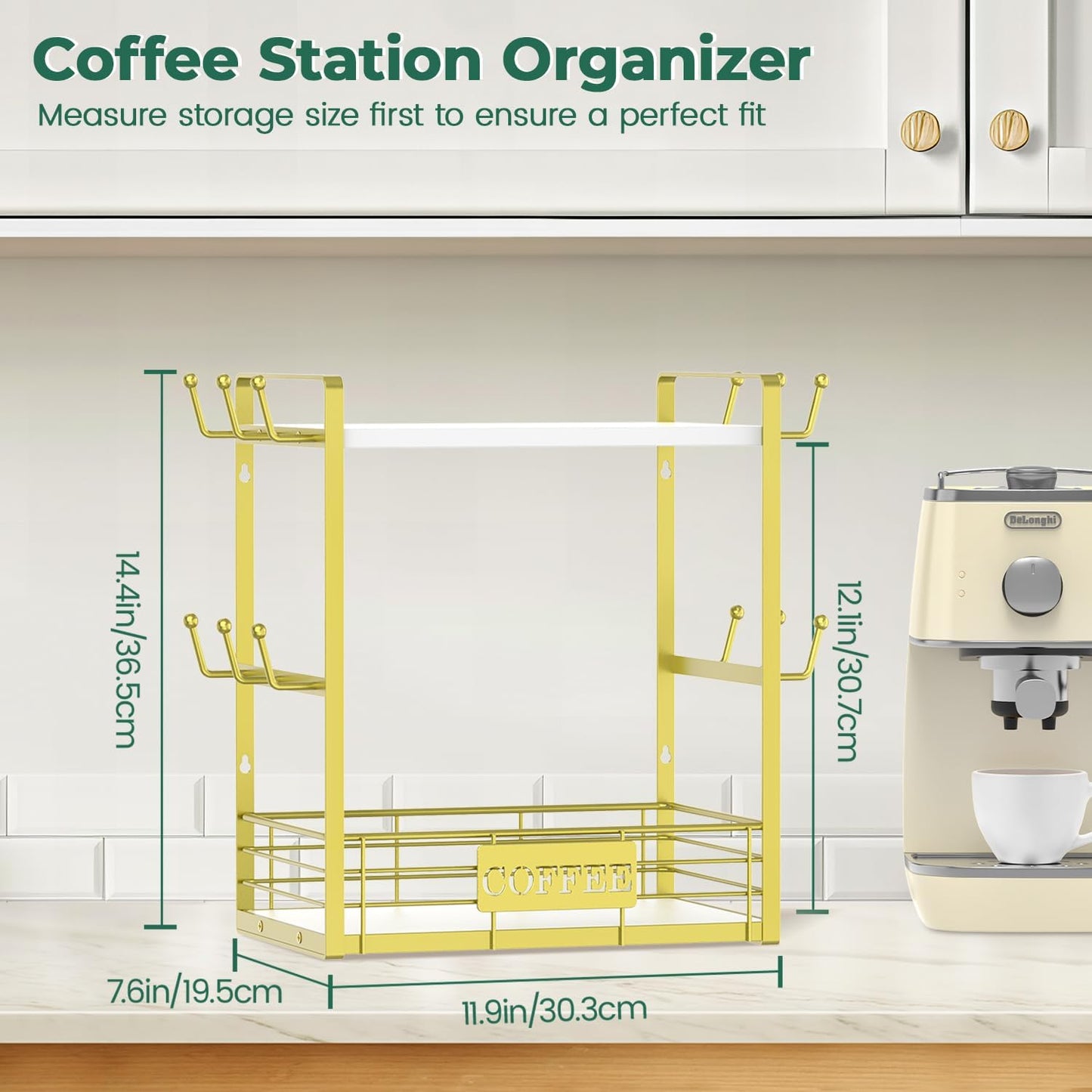 EsLuker.ly Coffee Bar Station Organizer Mug Cup Holder Stand for Countertop, Multi-Functional 2 Tier Mug Tree Rack for Kitchen, Storage Shelf with 12 Hooks, White-Gold