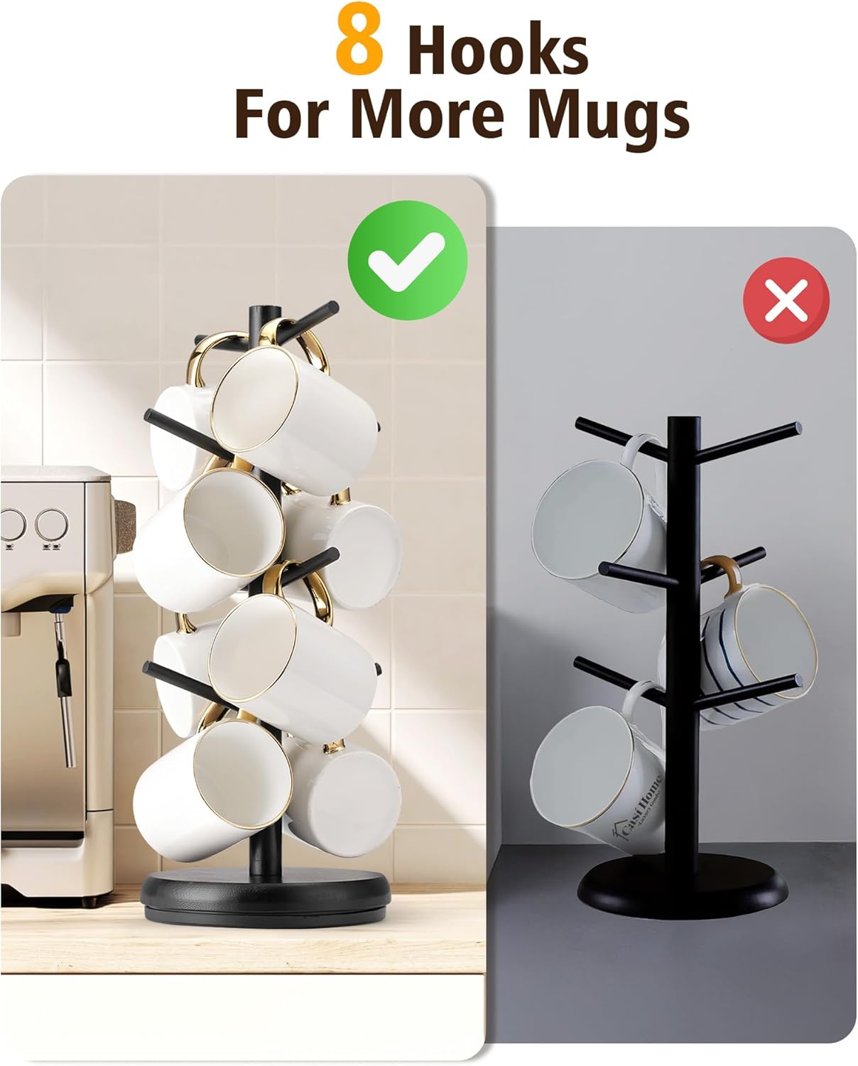 Lorbro Coffee Mug Tree, 360° Rotated Mug Holder with 8 Hooks, Wooden Coffee Cup Holder Rack Stand Accessories for Countertop Kitchen Decor Organizer