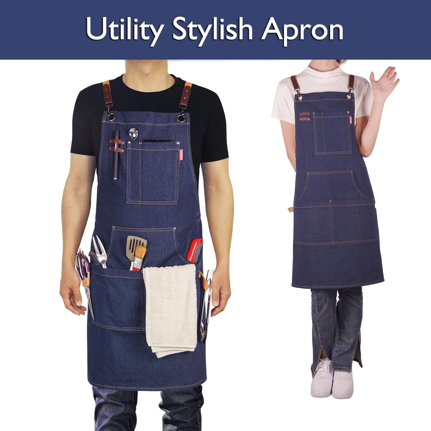 5 Pack Kitchen Apron, Work Apron, Canvas, Multiple Pockets, Gardening, Painting, BBQ, Artist, Carpenter, Sizes M to XXL, Denim