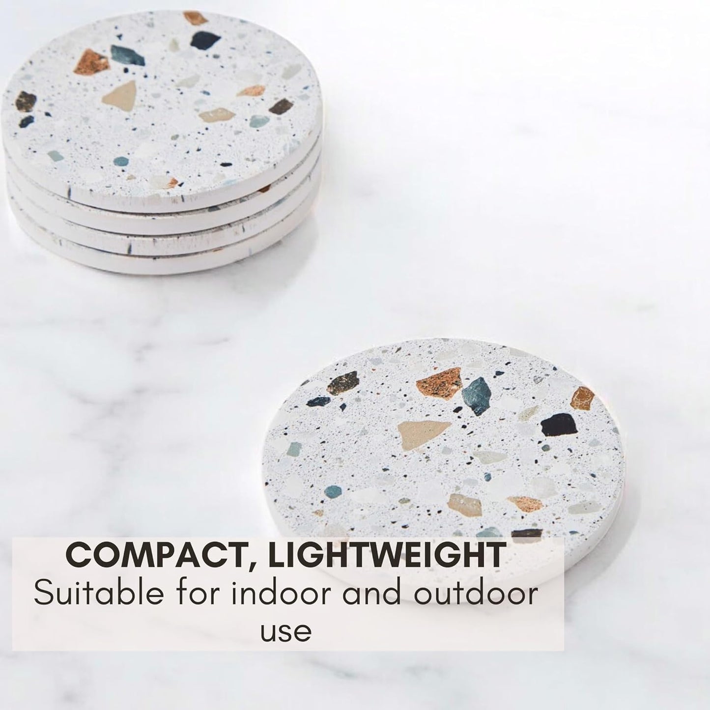 Absorbent Coaster Set of 6 with Holder, Drink Coasters for Coffee Table, Kitchen, Home Decor, Cute Ceramic Round Coasters, Alternative to Silicone, Cork or Glass Coaster (Granite with Black Holder)