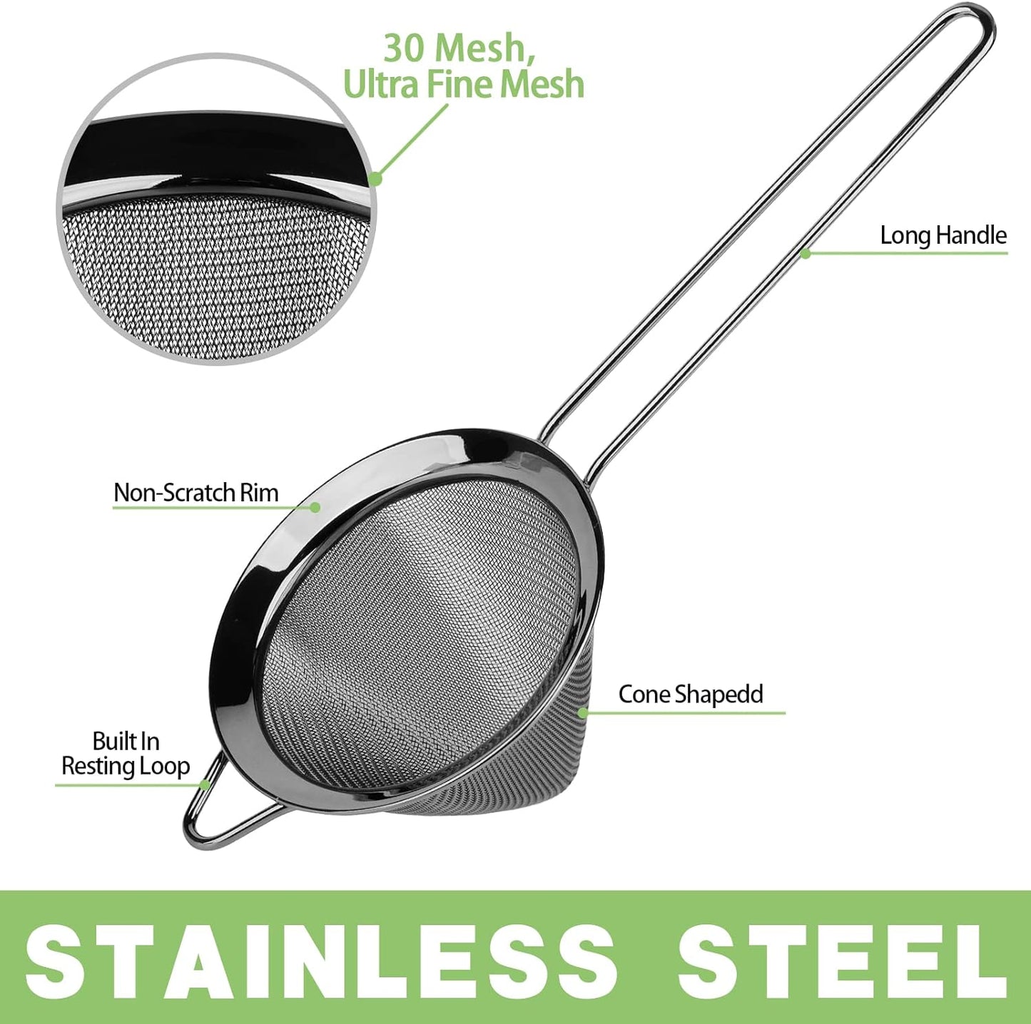 2 Pack Stainless Steel Small Food Strainer, Fine Mesh Sieve with Long Handle, Cocktail Strainer For Cocktails, Tea Herbs, Coffee & Drinks, Rust Proof & Great as Tea Strainer, 3.5inch