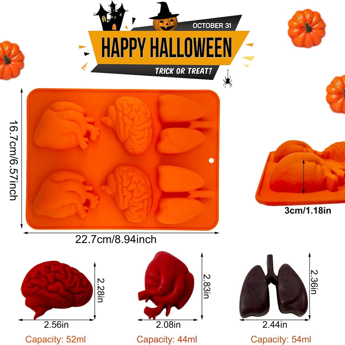 Brain and Heart Cake Mold, 2 Pack Halloween Silicone Molds Human Organ Jello Mold Heart lung Brain Shape Gelatin Chocolate Molds for Halloween Party Baking Mini Cakes Cupcake Muffin Soap Pudding