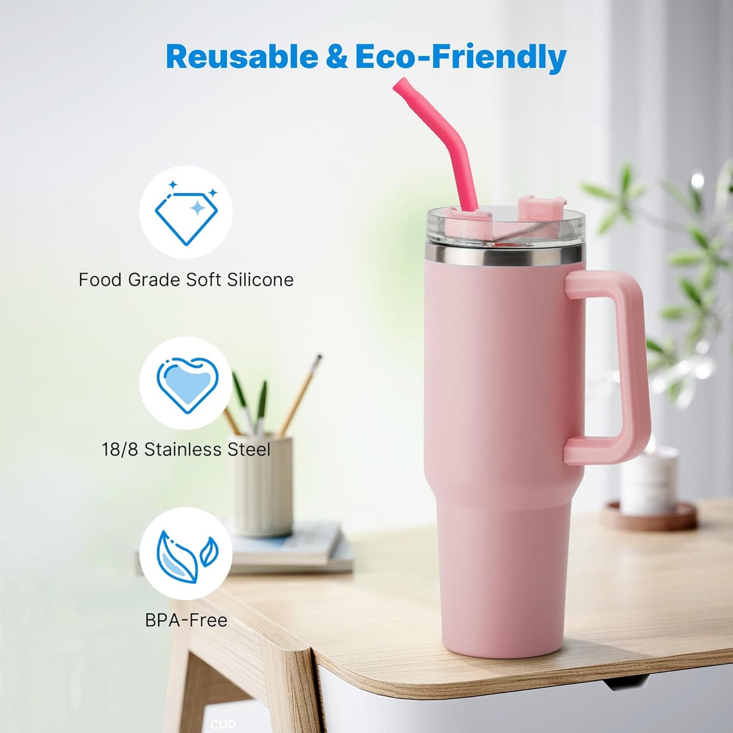 2 Pcs Stainless Steel Straws for 40 oz Stanley Tumbler, Replacement 40 oz Stanley Cup Straw Accessories with Silicone Tips and Cleaning Brush (Pink Dusk)