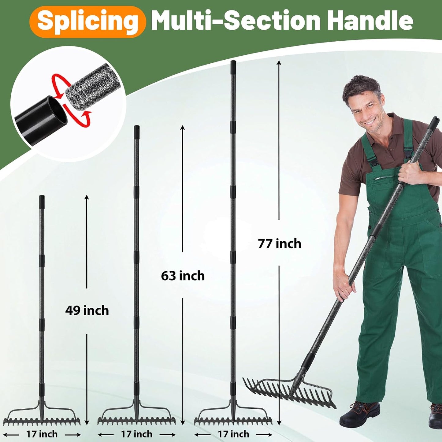 Garden Leaf Rake with 77 Inch Handle, Heavy Duty 17 Inch Wide Metal Garden Lawn Rake for Loosening Soil Raking Leaf Leveling Rocks Spreading Mulch Gravel, Rustproof Metal Bow Rakes Garden Tools