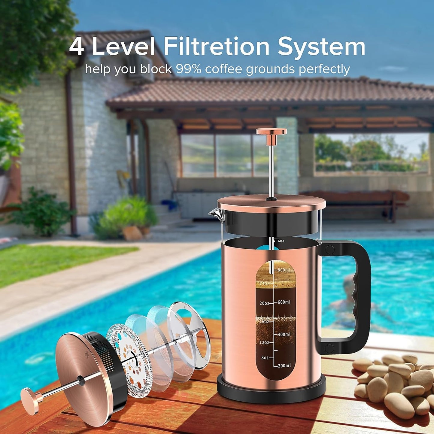 QUQIYSO French Press Coffee Maker, 304 Stainless Steel French Press with 4 Filter, Heat Resistant Borosilicate Glass, Easy to Clean, BPA Free Coffee Press Rust-Free Coffee Maker, 34 ounce, Copper