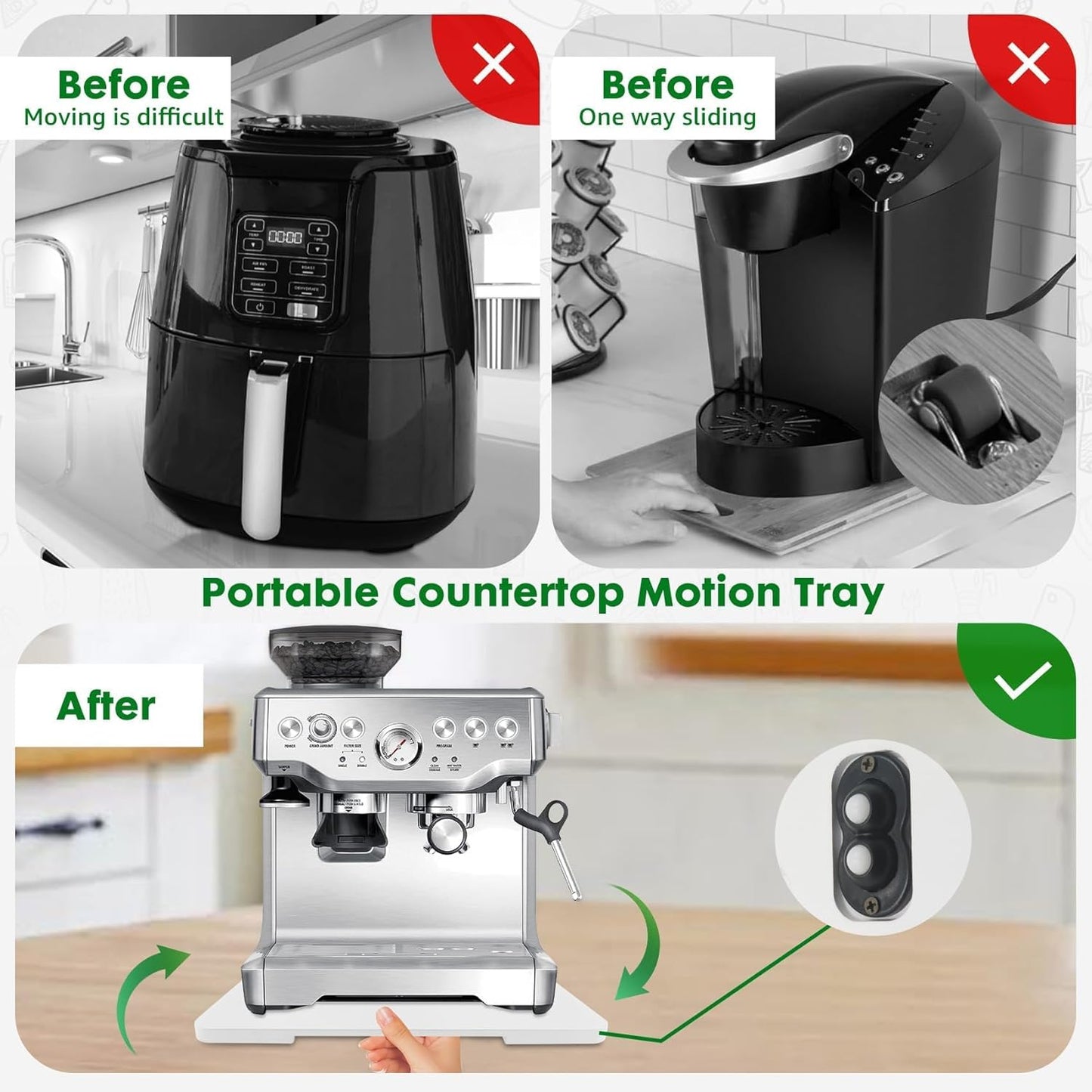 Appliance Slider 360° Rolling Tray for Coffee Maker- Bamboo Coffee Pot Slider Tray for Countertop Rotation Sliding Tray with Wheels, Appliances Mat Easily from Under The Cabinet White (15.7"×13")