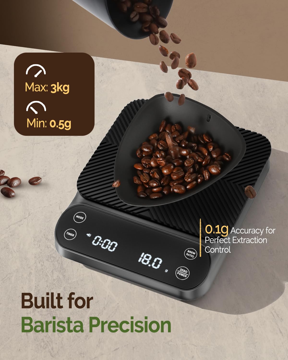 Maestri House S3 Coffee Scale with Timer, 3kg/0.1g Rechargeable Digital Scale, 3 Brew Modes, Adjustable Ratios & Flow Rate Display, Barista-Grade for Pour-Over, Espresso, French Press – Grey