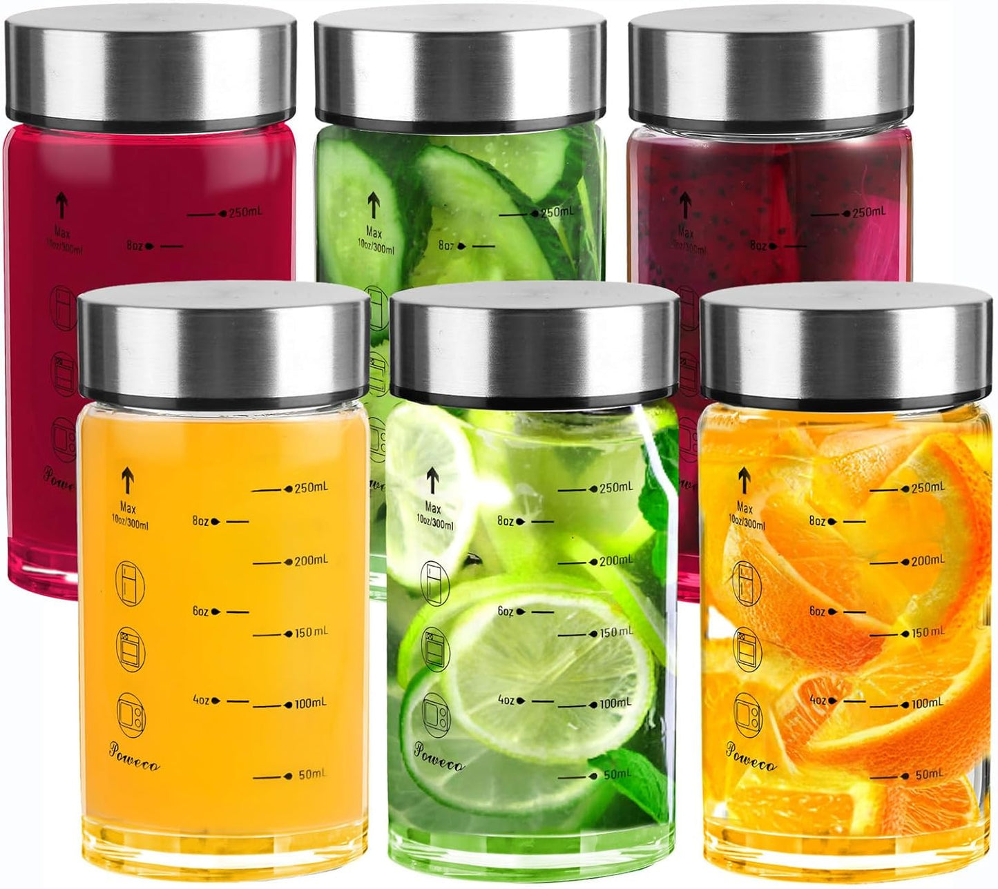 Glass Juice Bottles 6 Pack 10 oz - Wide Mouth Glass Water Bottles with Lids - for Juicing, Protein, Smoothie, Milk, Reusable, BPA Free, Stainless Steel Lids, Blender, Shaker Bottle [10oz/300ml]