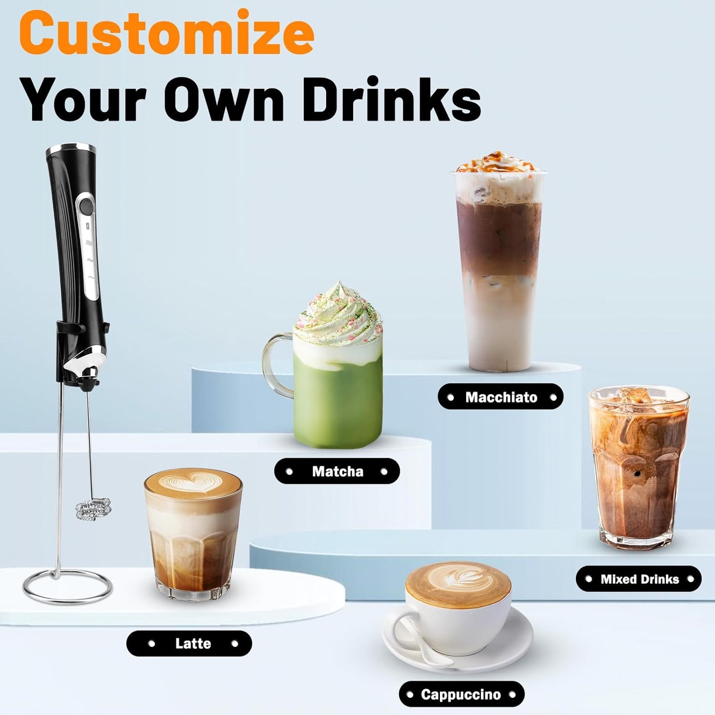 TonJin Milk Frother USB C Rechargeable New Upgraded Handheld Frother Wand with 2 304 Stainless Whisks 1 Stand, 3 Speeds Electric Coffee Whisk Frother for Lattes, Cappuccino, Egg, Matcha, Black