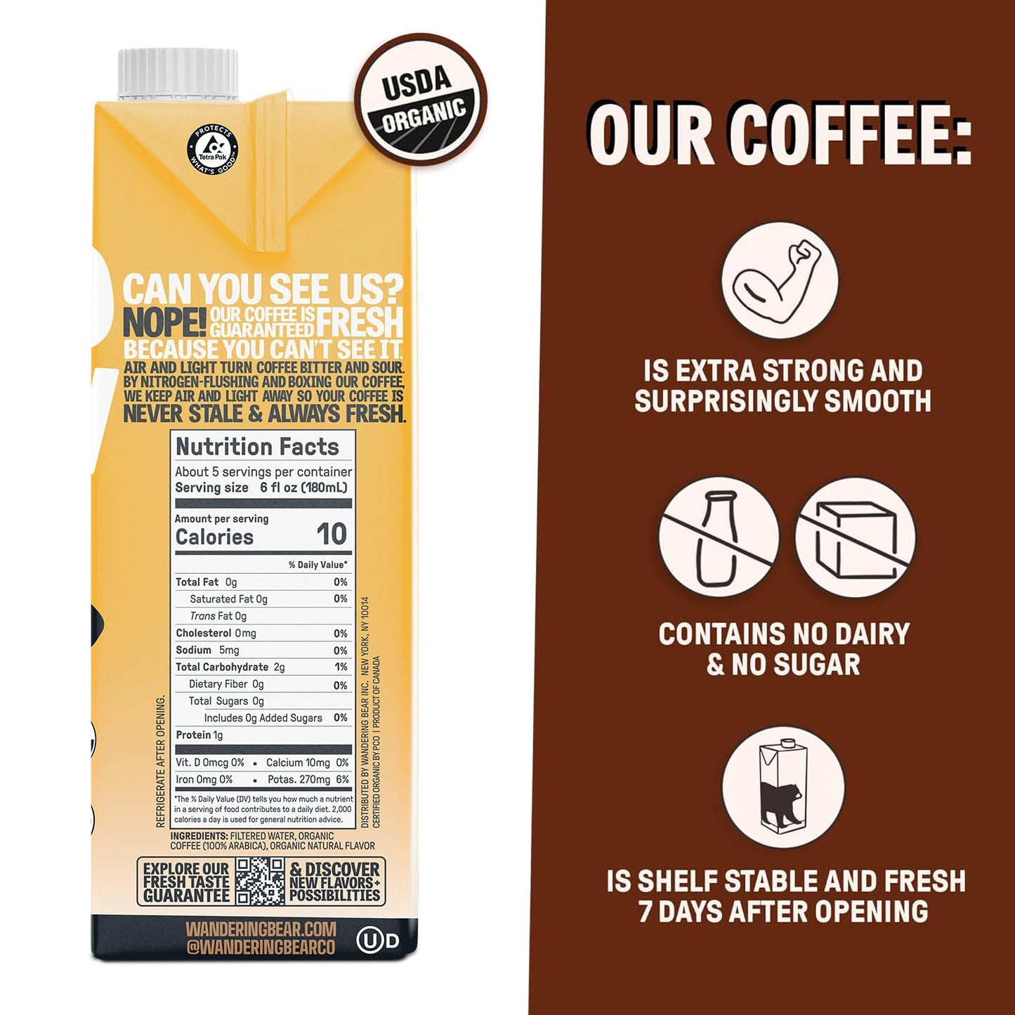 Wandering Bear Organic Caramel Cold Brew Coffee, 32 fl oz, 3 pack - Extra Strong, Smooth, Organic, Unsweetened, Shelf-Stable, and Ready to Drink Iced Coffee, Cold Brewed Coffee