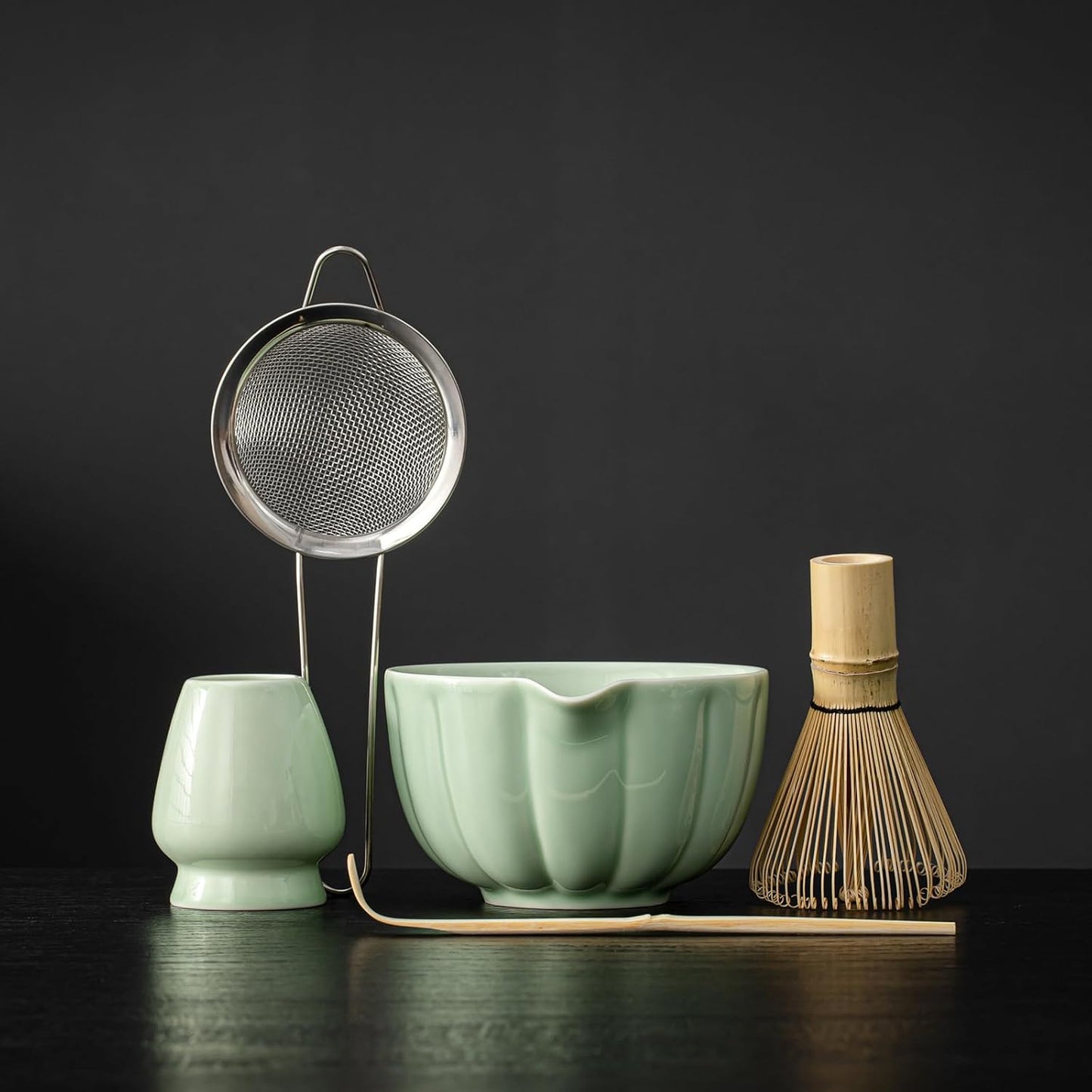 Matcha Whisk Set, Matcha Bowl with Spout, Matcha Whisk, Chasen Holder, Sifter, Bamboo Scoop - 5 Pcs Perfect Matcha Making Kit for Matcha Lover and Tea Ceremony (Emerald Green)