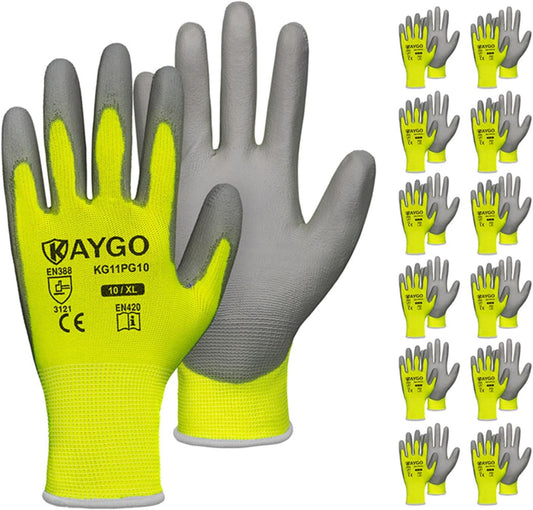 KAYGO Safety Work Gloves PU Coated-12 Pairs, KG11PB, Seamless Knit Glove with Polyurethane Coated Smooth Grip on Palm & Fingers, for Men and Women, Ideal for General Duty Work (X-Large, Green)