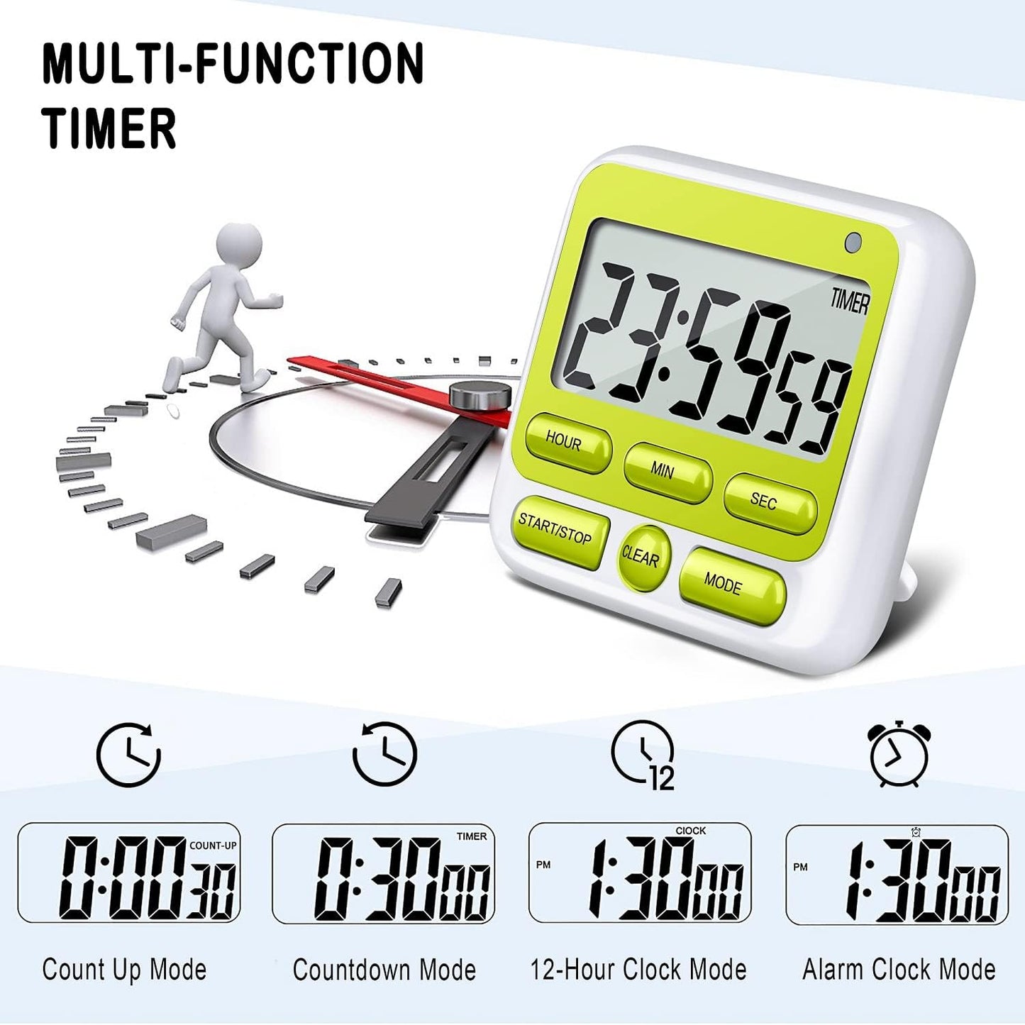 KTKUDY Digital Kitchen Timer with Mute/Loud Alarm Switch ON/Off Switch, 12 Hour Clock & Alarm, Memory Function Count Up & Count Down for Kids Teachers Cooking, Large LCD Display, Strong Magnet (Green)
