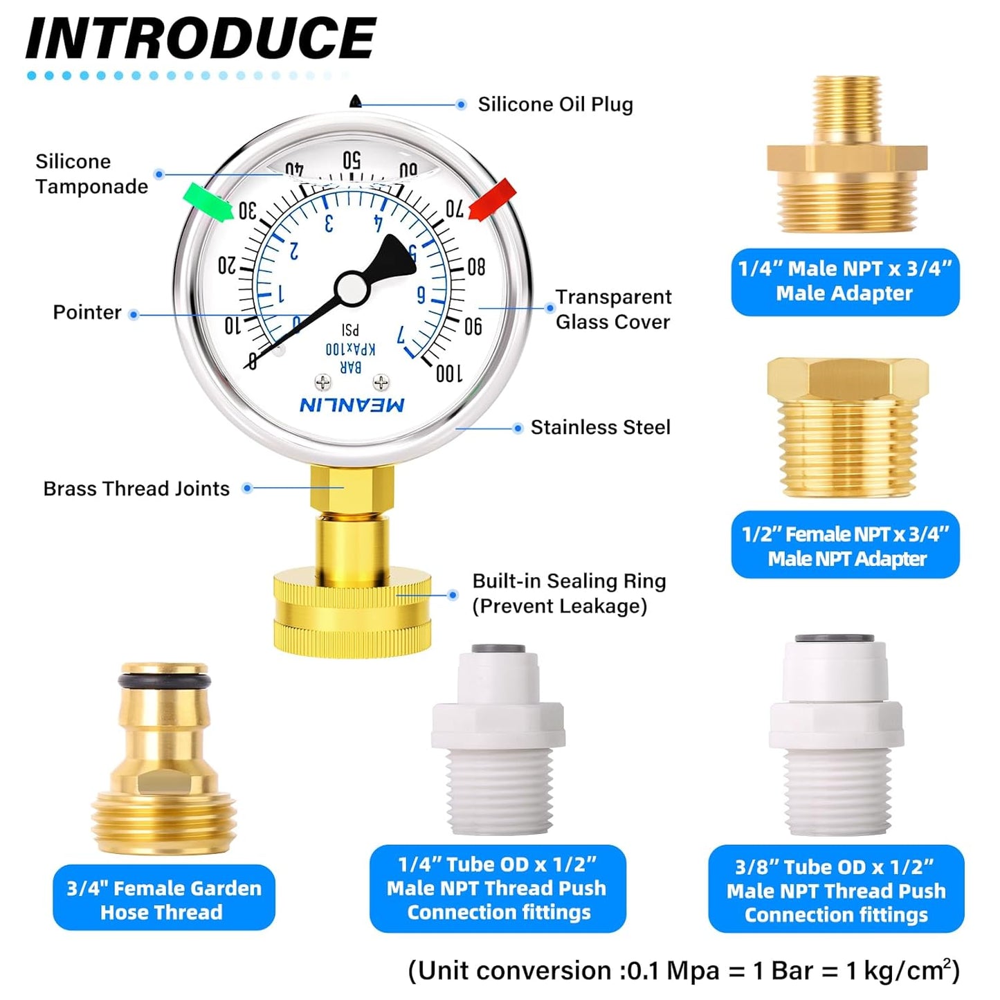 MEANLIN MEASURE 0~100Psi Stainless Steel Frame 3/4" Female Liquid Filled Pressure Gauge kit Plus 5 adapters, 2.5" FACE DIAL Multi-Purpose Pressure Gauge kit for Gardens, Water Pipes with 2PCS Snaps