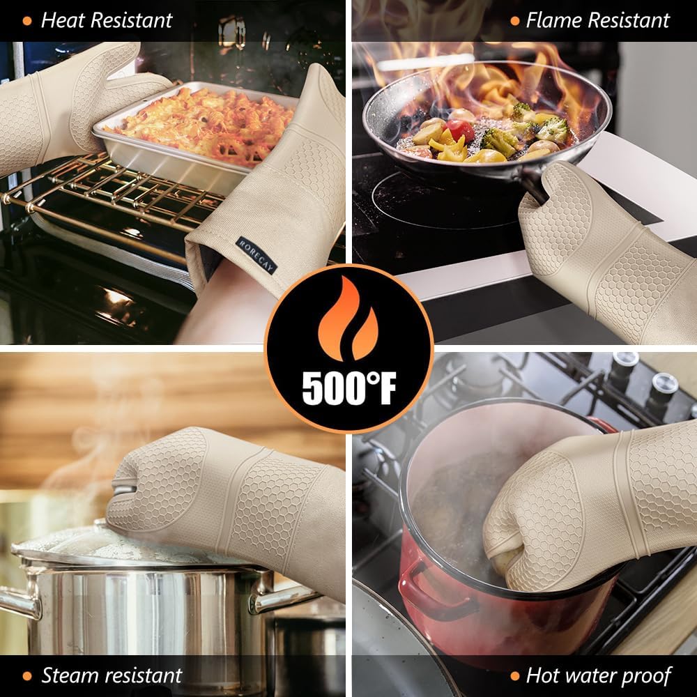 Rorecay Oven Mitts and Pot Holders Sets 6pcs, Extra Long Kitchen Silicone Oven Gloves High Heat Resistant 500 Degrees Non-Slip Potholders Hot Pads for Baking Cooking, Milkshake