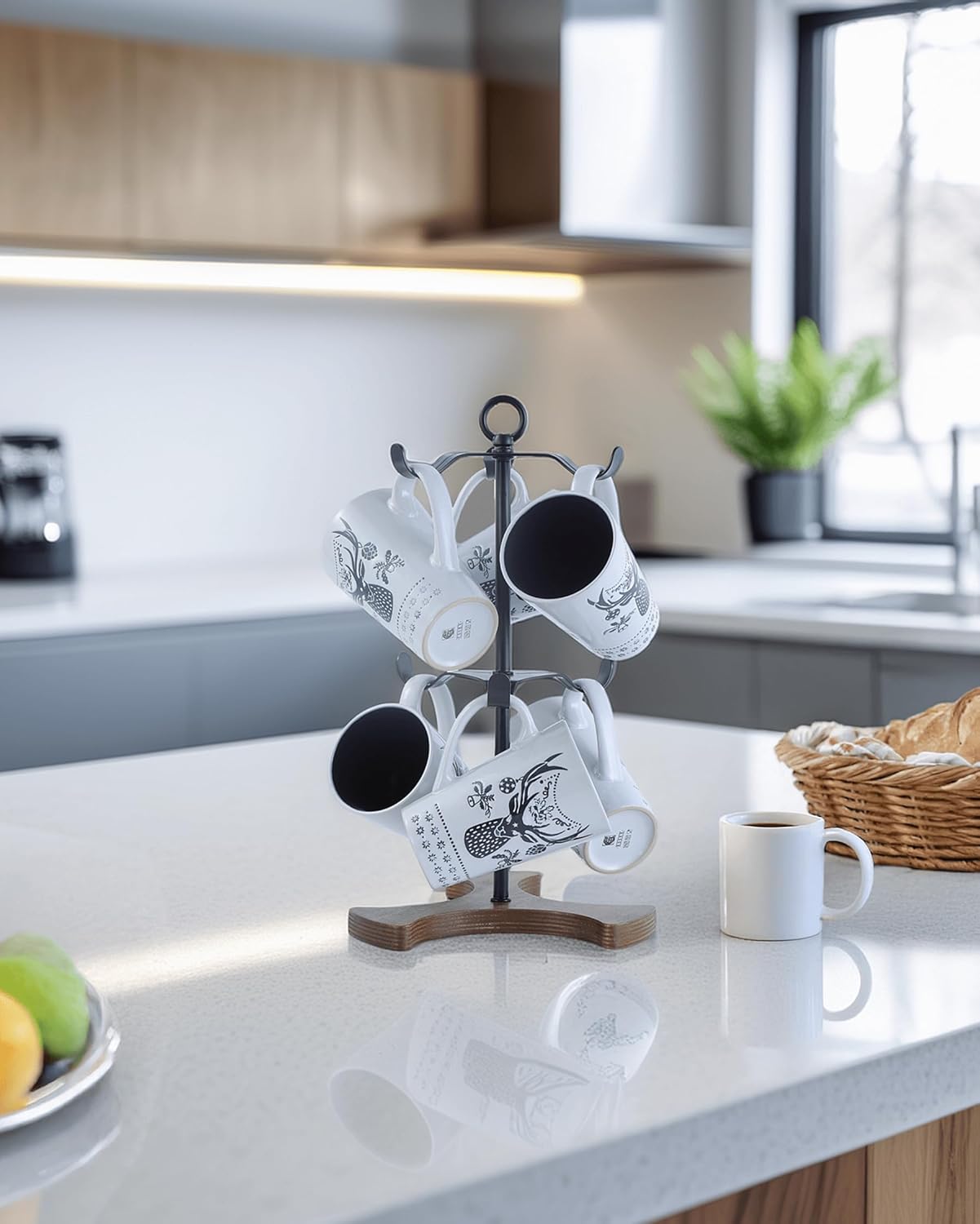 Mug Holder Tree for Countertop | 2-Tier Coffee Cup Stand & Rack Holds 6 Large Mugs, 5oz to 20oz | Space-Saving Mug Stand with Solid Wood Base | Kitchen Counter Organizer & Coffee Bar Accessories