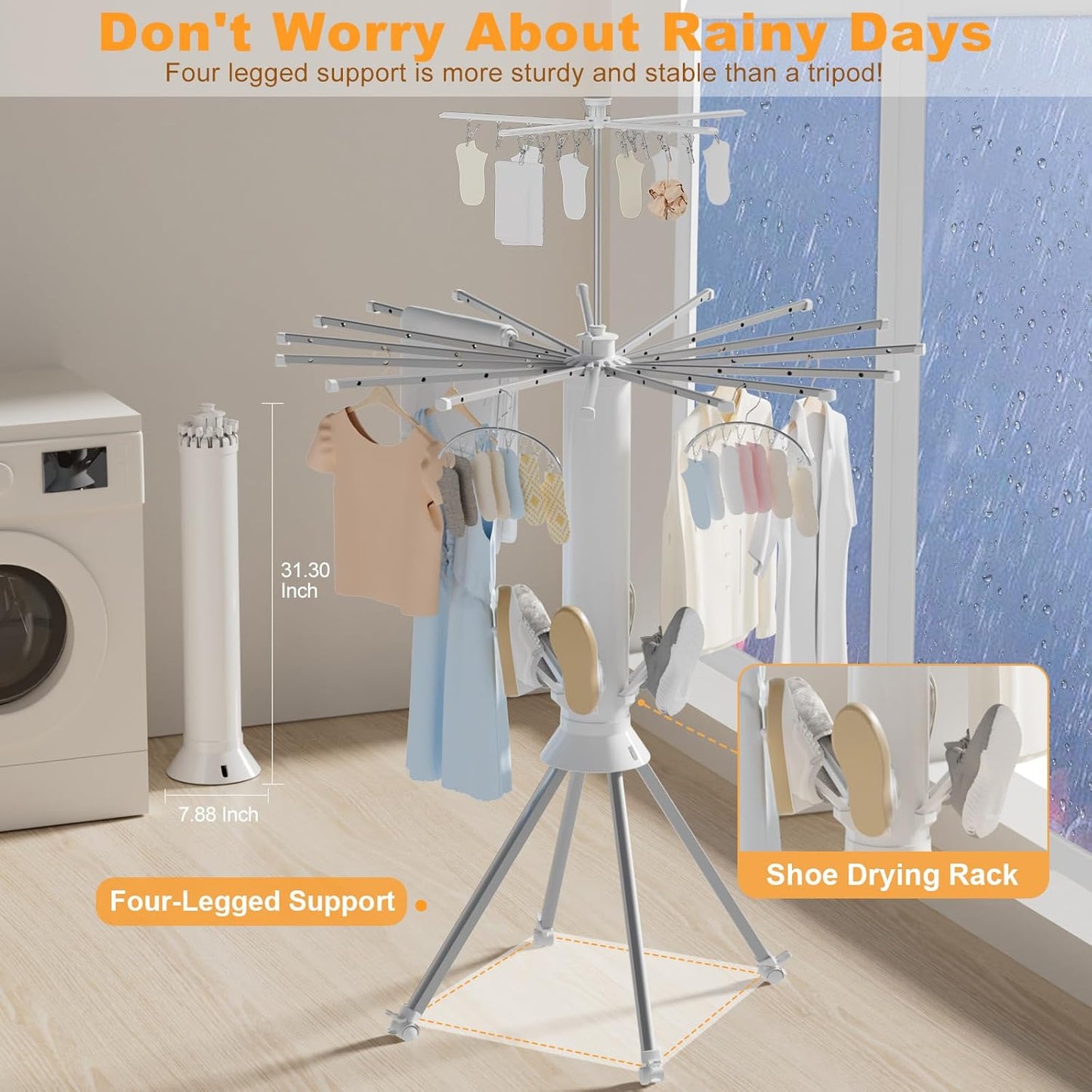 Clothes Drying Rack Foldable, 4-Legged Portable Drying Rack Clothing with 20 Clips, Shoe Dryer Rack, Outdoor Laundry Drying Racks with 4 Pulleys, Aluminum Hanging Dry Rack for Clothes,Socks,Towel