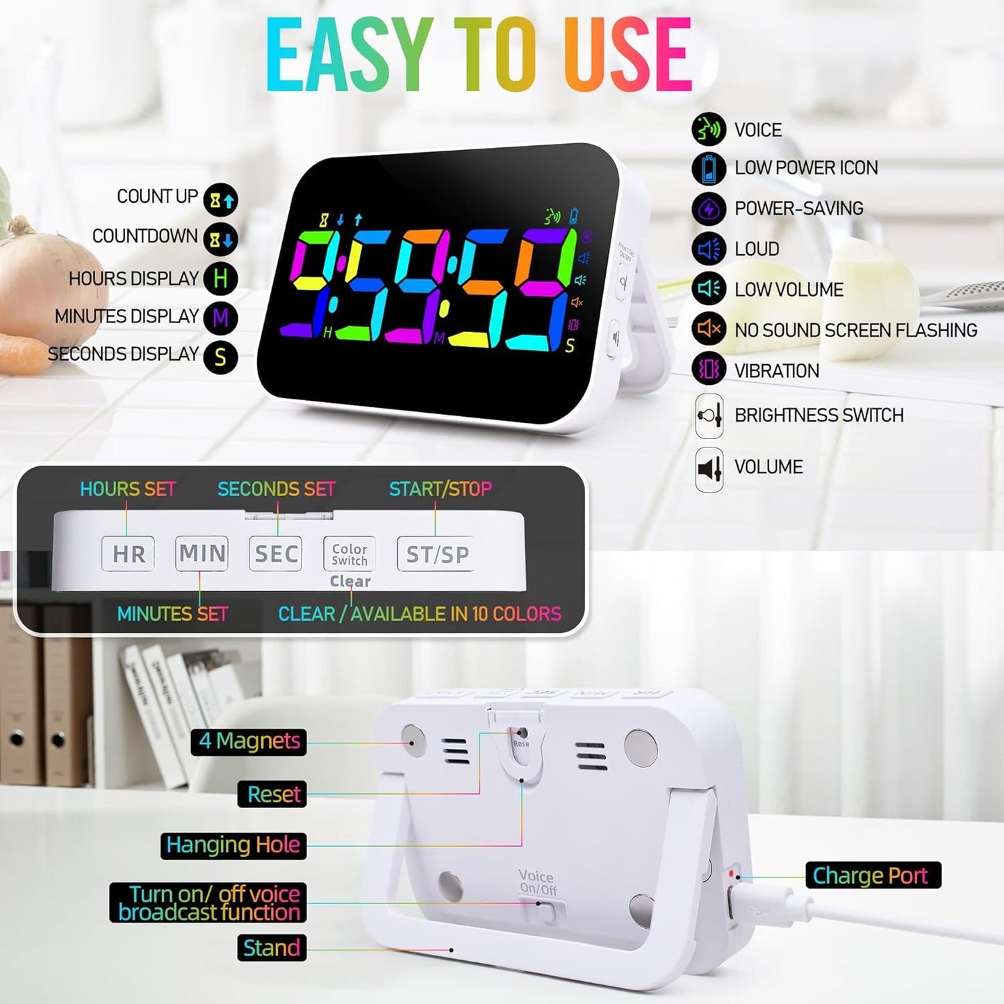 TXL Kitchen Timer for Cooking, Rechargeable Digital Magnetic Timer with Large LED Display, Loud Alarm, Sound Countdown, 4 Volume Levels and 3 Brightness for Classroom, Study (RGB)