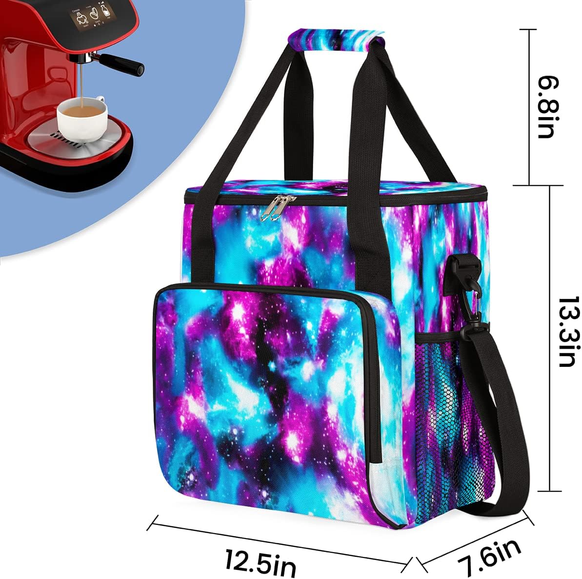 Funny Galaxy Coffee Maker Carring Bag Glitter Space Travel Storage Tote Bag Compatible with Keurig K-Mini or K-Mini Plus Portable Single Serve Coffee Brewer Case with Pockets for K-cup Pods