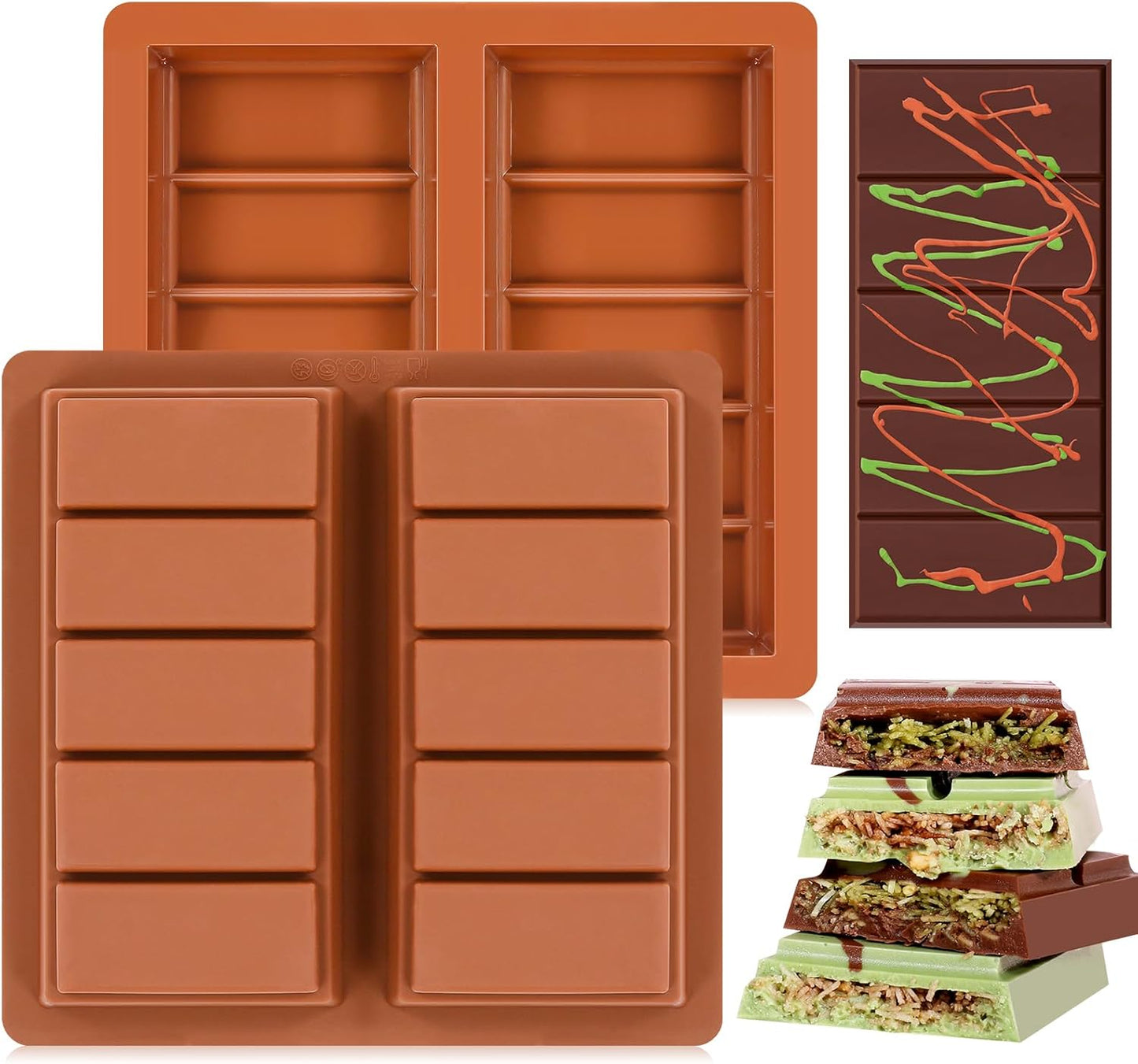 Dubai Chocolate Molds 1 Inch Deep, Silicone Chocolate Bar Mold – Non-Stick, Flexible, Large and Thick Homemade Chocolates, Candies, and Desserts - Set of 2