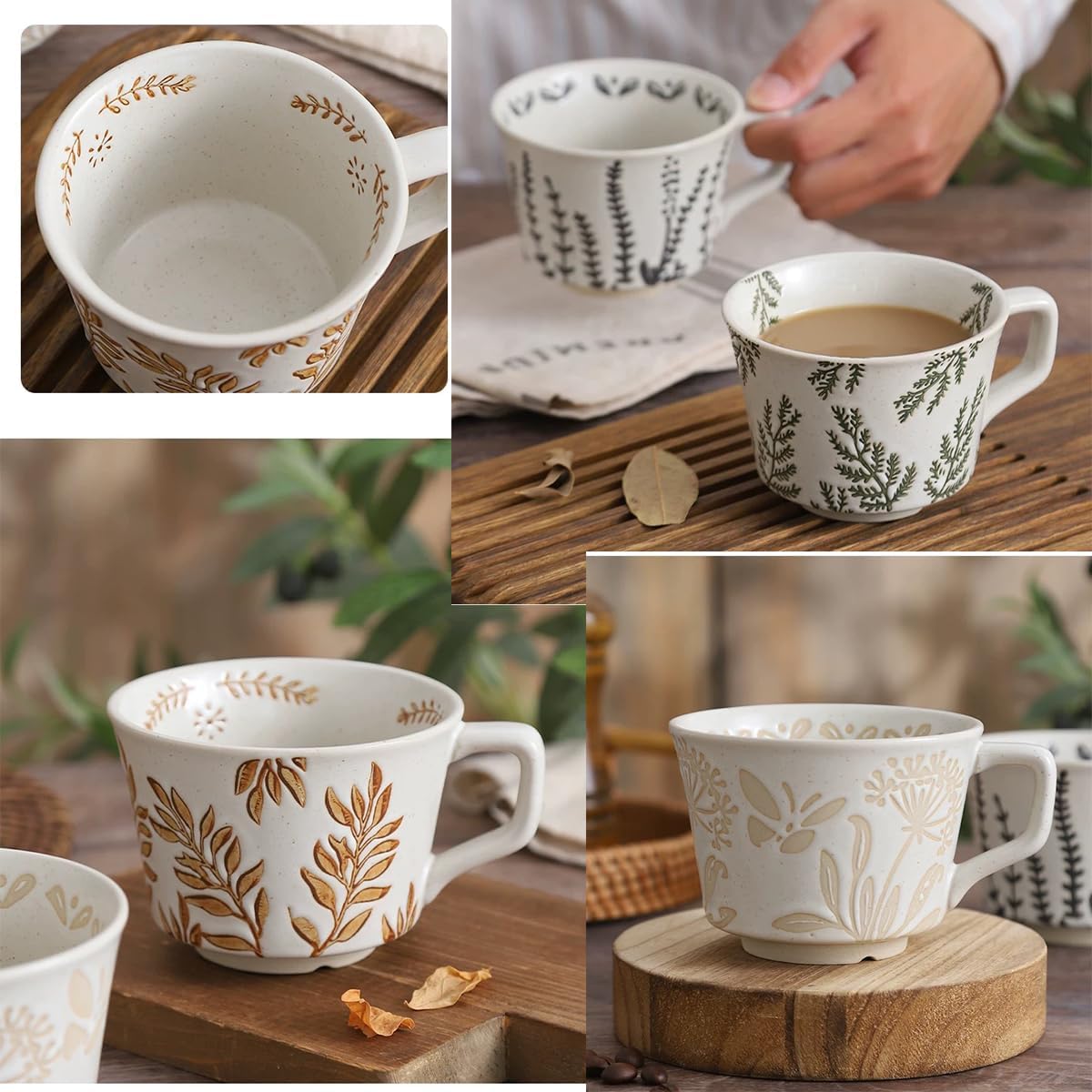 Ceramic Mug Set of 1 With Gold Spoon, 11oz - Vintage Coffee Mug, Pottery Cups for Milk, Latte, Cappuccino, Tea - Porcelain Dishwasher, Microwave Safe Stoneware 1 PCS Brown Leaf Cup