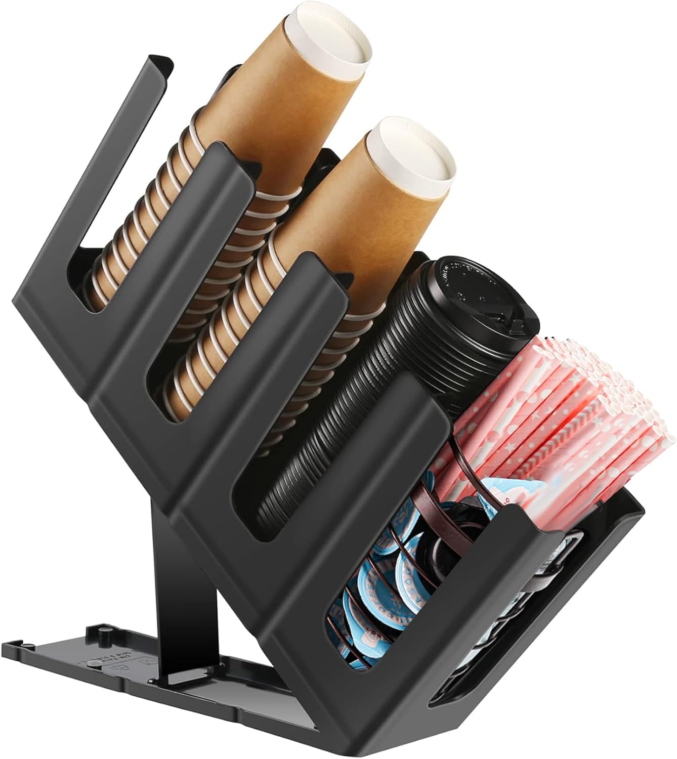 Coffee Cup and Lid Holder Organizer,Adjustable Dispenser with Coffee Pod and Straw Storage Basket, Disposable Cup Holder for Countertop