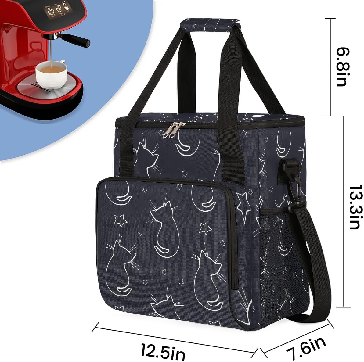 cat animal cartoon Coffee Maker Carring Bag Travel Carrying Storage Tote Bag Compatible with Keurig K-Mini or K-Mini Plus Portable Single Serve Coffee Brewer Case with Pockets for K-cup Pods