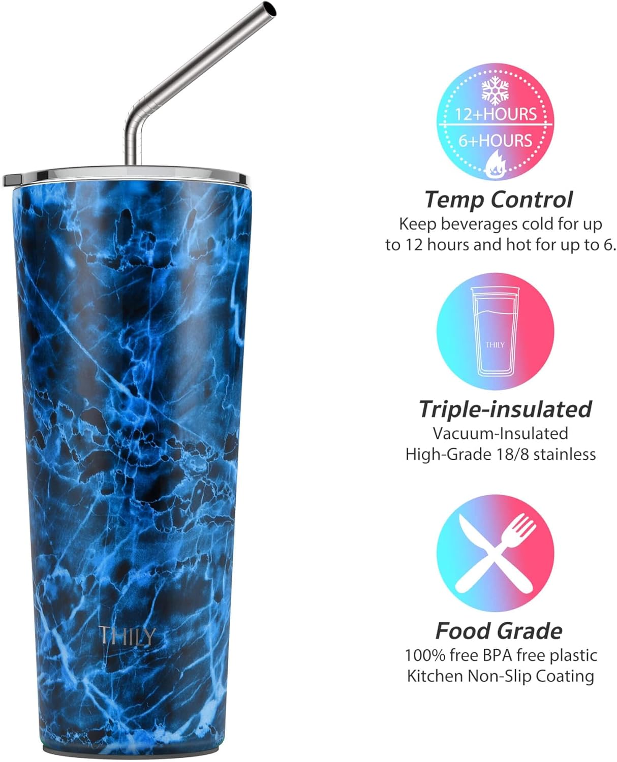 THILY Tumbler Stainless Steel Coffee Cup 26 oz Triple-Insulated Wide Mouth Travel Mug with Splash-Proof Lid, for Iced Drinks and Hot Beverage Smoothies Cup, Abysmal Sea