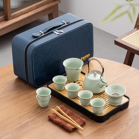 Travel tea set,Portable ceramic tea set,Chinese tea set,Tea sets for adults,Tea pot sets,Portable Travel Bag,Home,Gifting,Outdoor and Office,茶具 (Light green)