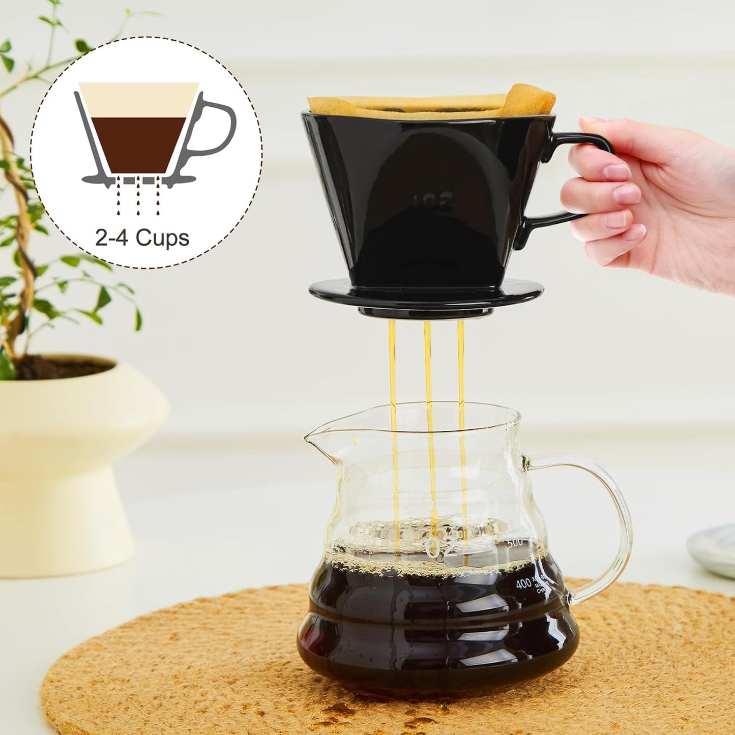 Pour Over Coffee Dripper, Ceramic Pour Over Coffee Maker with 3 Holes Flat Bottom, Easy Manual Slow Brewing, Porcelain Slow Filter Cone for Home, Office, Gift, Size 2, Black