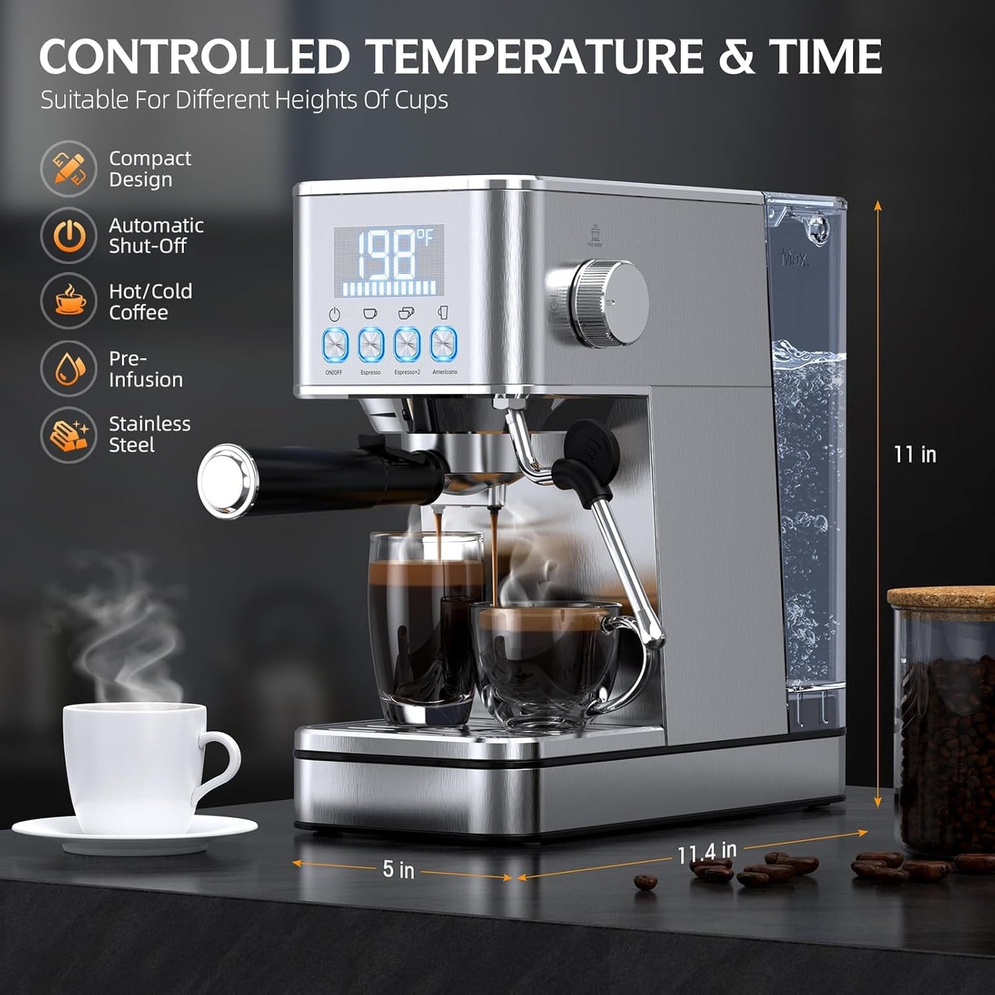 Espresso Machine, 20Bar Compact Stainless Espresso Maker, With Milk Frother Steam Wand, 57.5OZ Removable Water Tank, Displays Making Time & Water Temperature, Cold Brew & Cappuccino, Silver