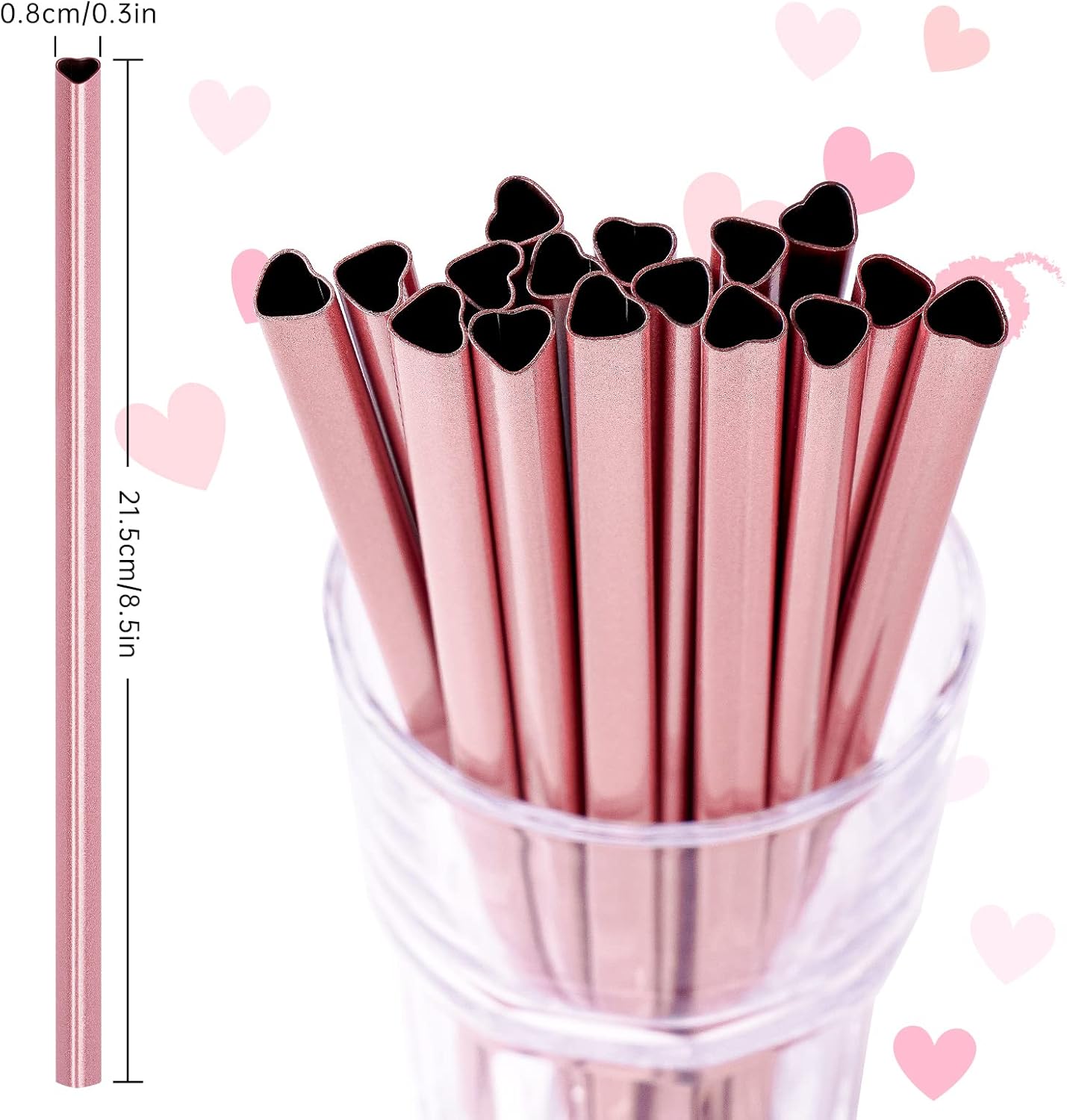 NiHome Reusable Straws 16 Pack, Stainless Steel Drinking Straws, Heart Shaped Metal Straw Bulks with 2 Cleaning Brushes for Smoothies Tumblers Cocktail MilkShake, Pearl Pink
