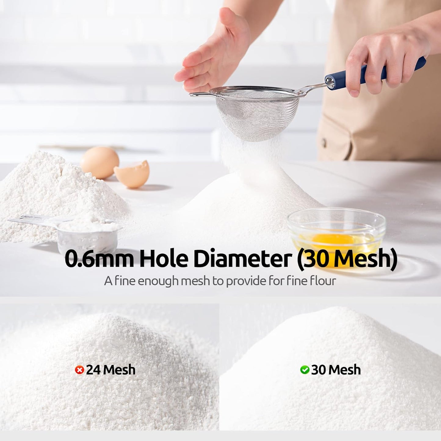 18/8 Stainless Steel Mesh Strainer: U-Taste 3.9 Inch Kitchen Fine Mesh Sieve Food Colander with Riveted Sturdy Silicone Handle and 30 Mesh Hole for Straining Flour, Quinoa, Tea, Juice (Midnight Blue)