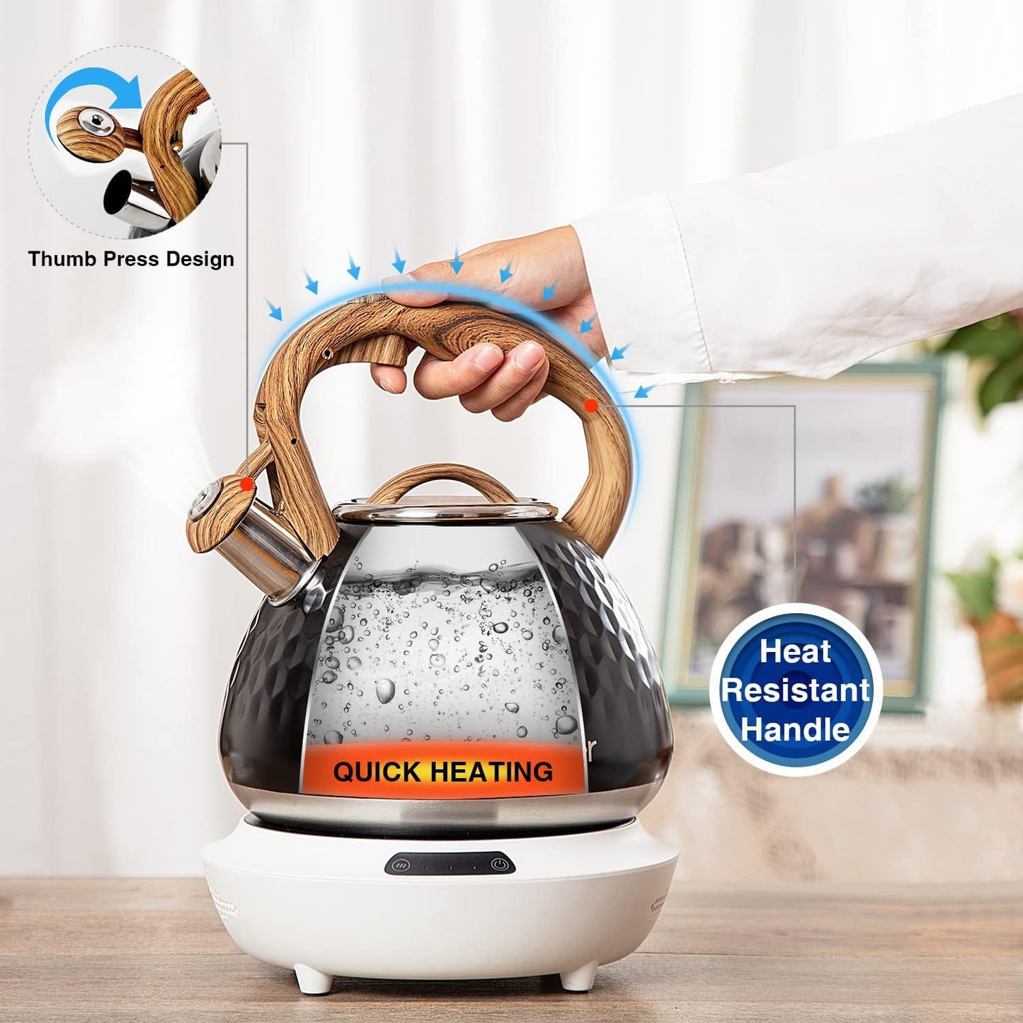 Tea Kettle, Toptier Teapot Whistling Kettle with Wood Pattern Handle Loud Whistle, Food Grade Stainless Steel Tea Pot for Stovetops Induction Diamond Design Water Kettle, 2.7-Quart Black