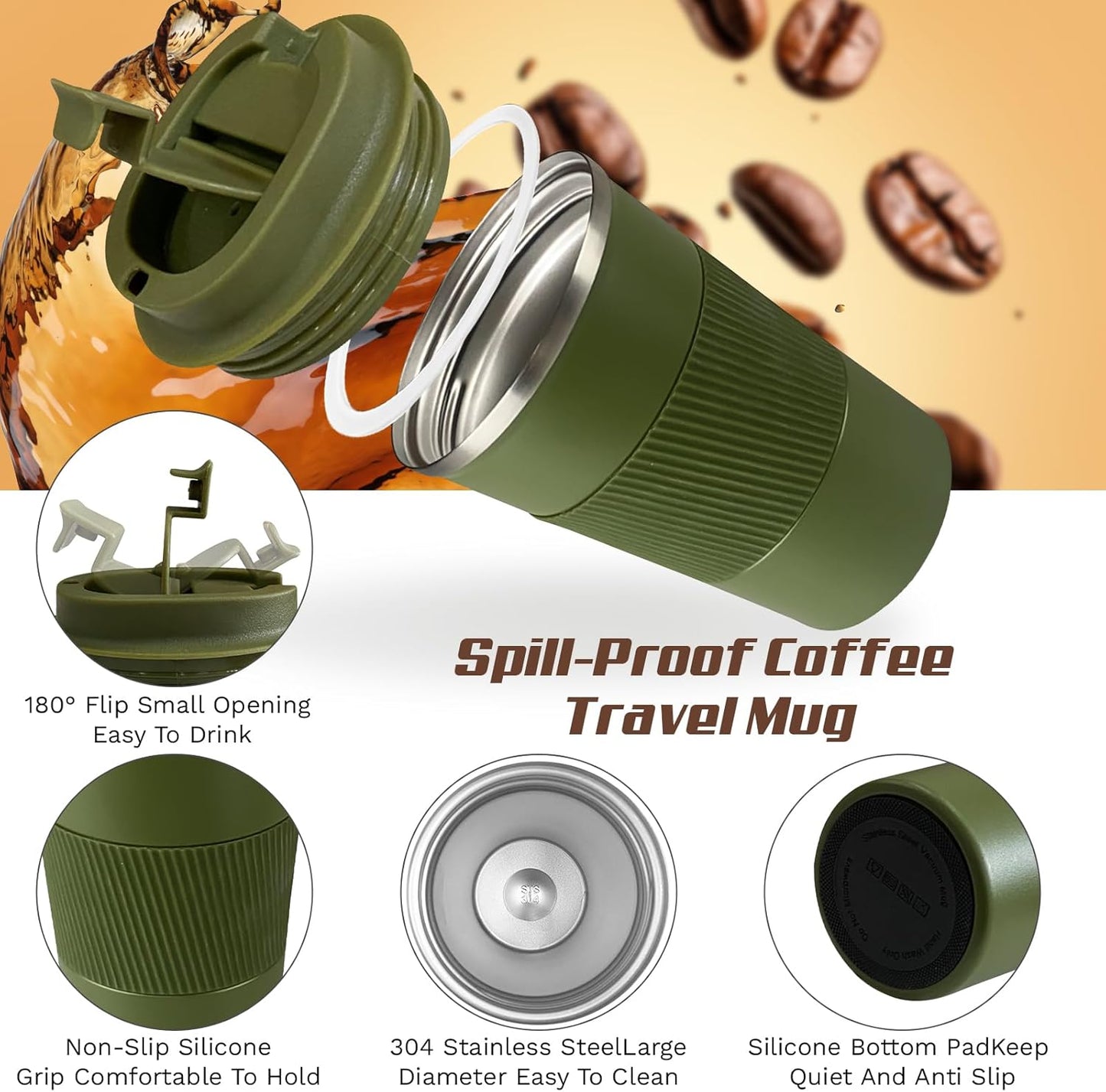 Vacuum-Insulated Stainless Steel Travel Coffee Mug, Leak-Proof Reusable Coffee Cup with Lid - Keep Hot & Cold Drinks for Hours, Durable Thermos Tumbler for Men & Women (3rd-Green, 17OZ)