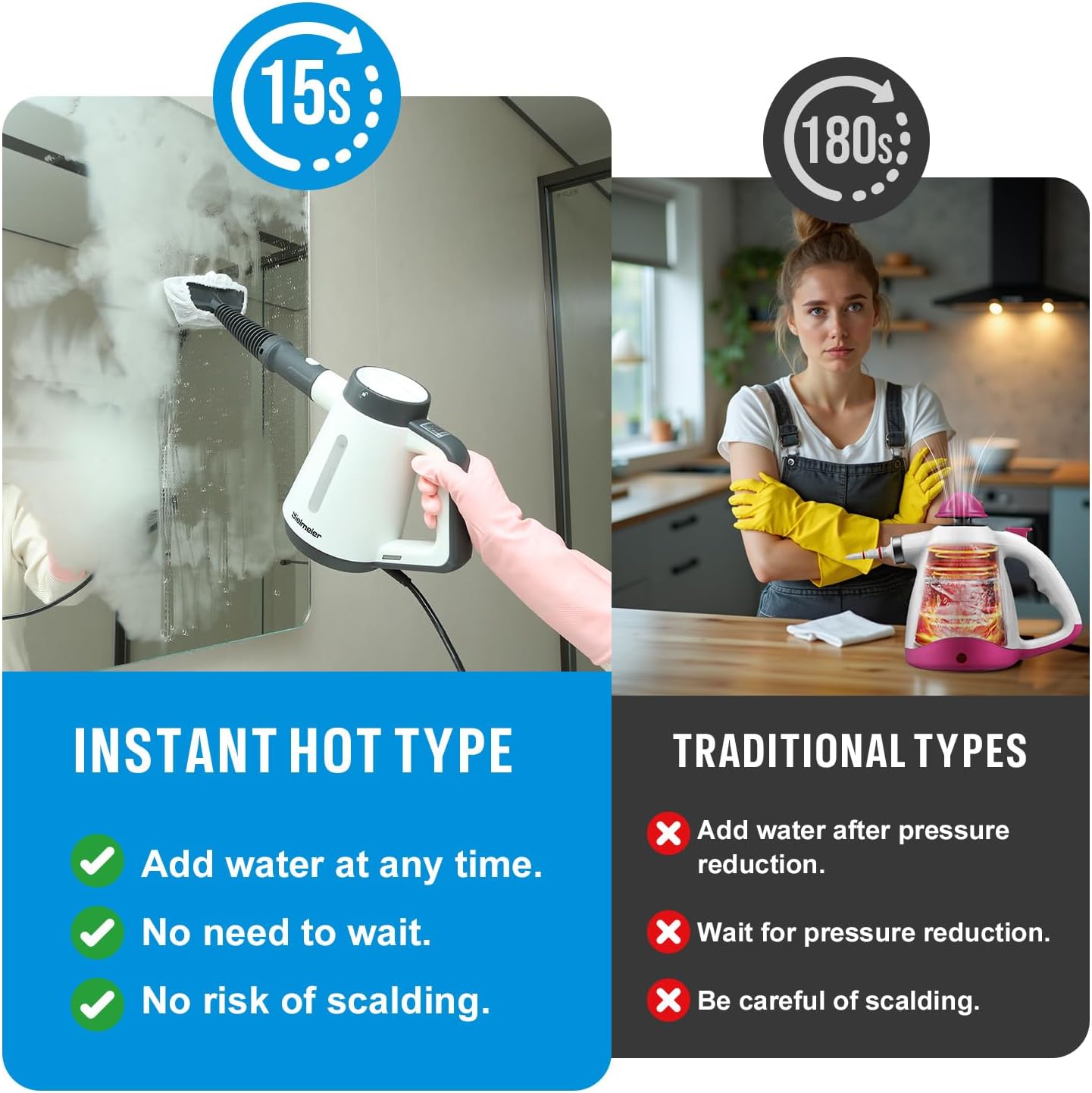 Handheld Pressurized Steam Cleaner - 15s Quick Start, Multi-Functional for Home, Kitchen, Bathroom, 8 Attachments, Chemical-Free, Safe & Efficient Cleaning Solution